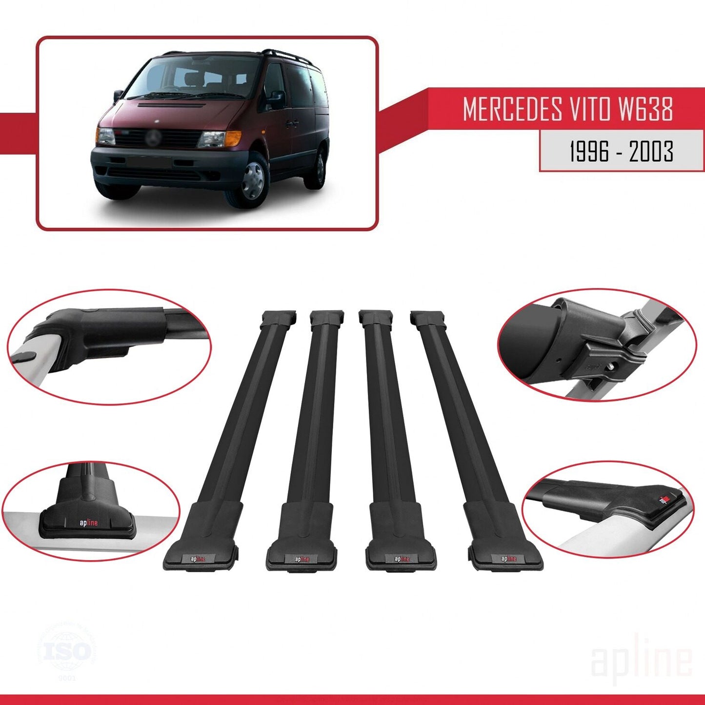 Compatible with Mercedes Vito (W638) 1996-2003 FLY Model Car Roof Rack Cross Bar Black Aluminium 4 Bars