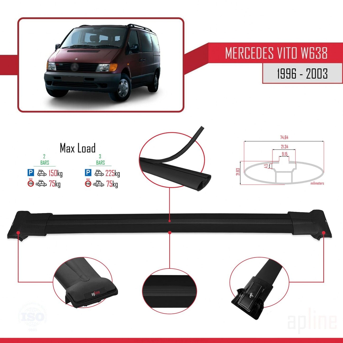 Compatible avec Mercedes Vito (W638) 1996-2003 FLY Model Barres de Toit Railing Porte-Bagages de Voiture Noir Aluminium 2 Barres