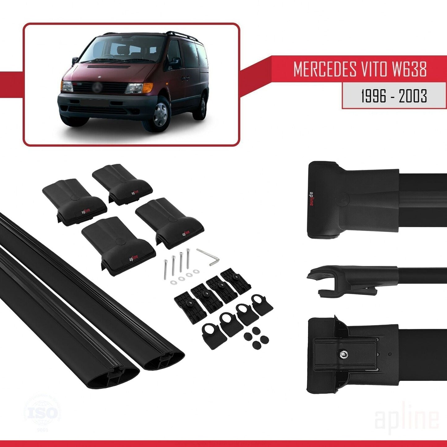 Compatible avec Mercedes Vito (W638) 1996-2003 FLY Model Barres de Toit Railing Porte-Bagages de Voiture Noir Aluminium 2 Barres