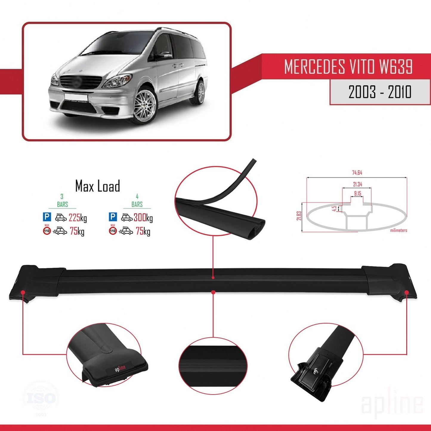 Compatible avec Mercedes Vito 2 (W639) Pre-Facelift 2003-2010 FLY Model Barres de Toit Railing Porte-Bagages de Voiture Noir Aluminium 4 Barres