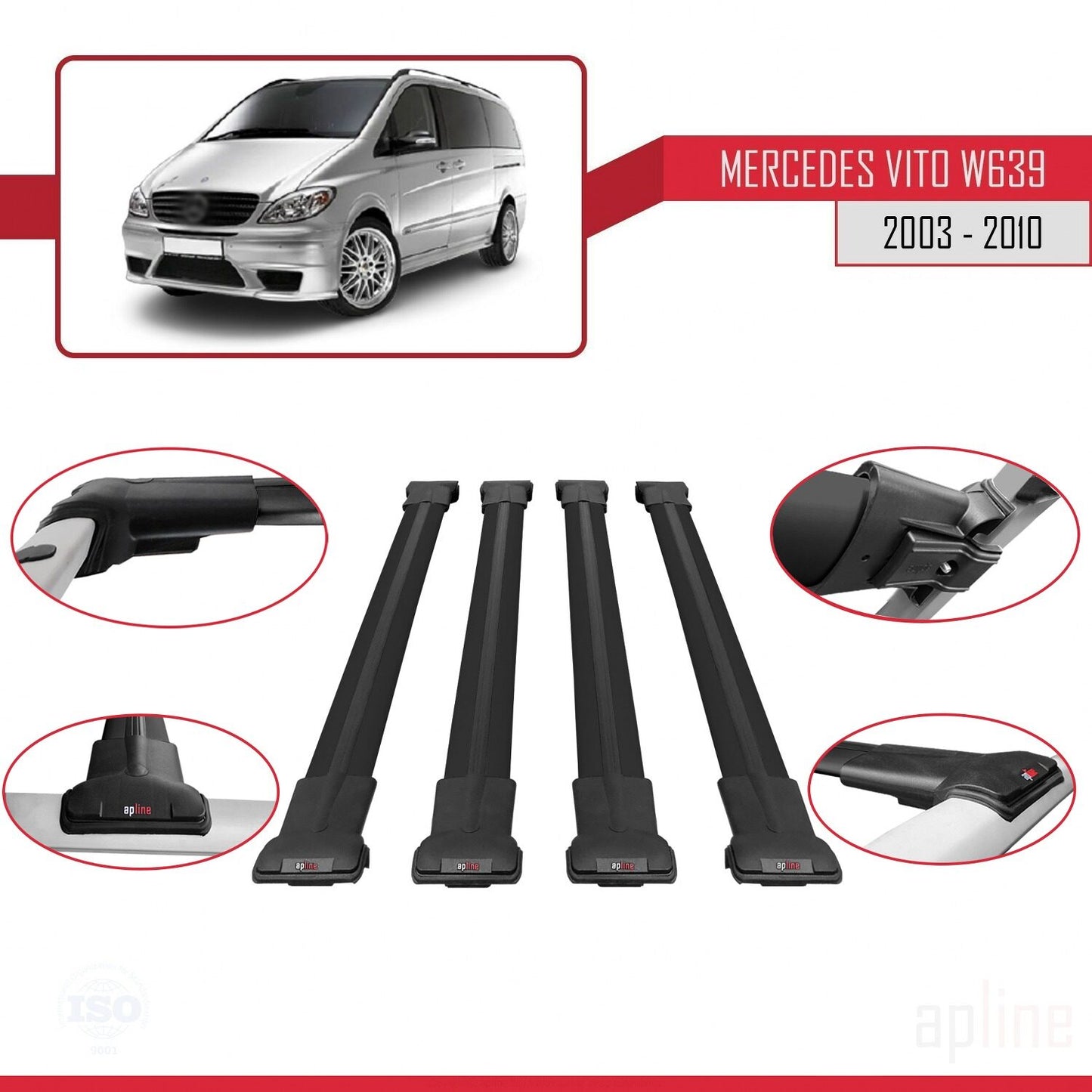 Compatible avec Mercedes Vito 2 (W639) Pre-Facelift 2003-2010 FLY Model Barres de Toit Railing Porte-Bagages de Voiture Noir Aluminium 4 Barres