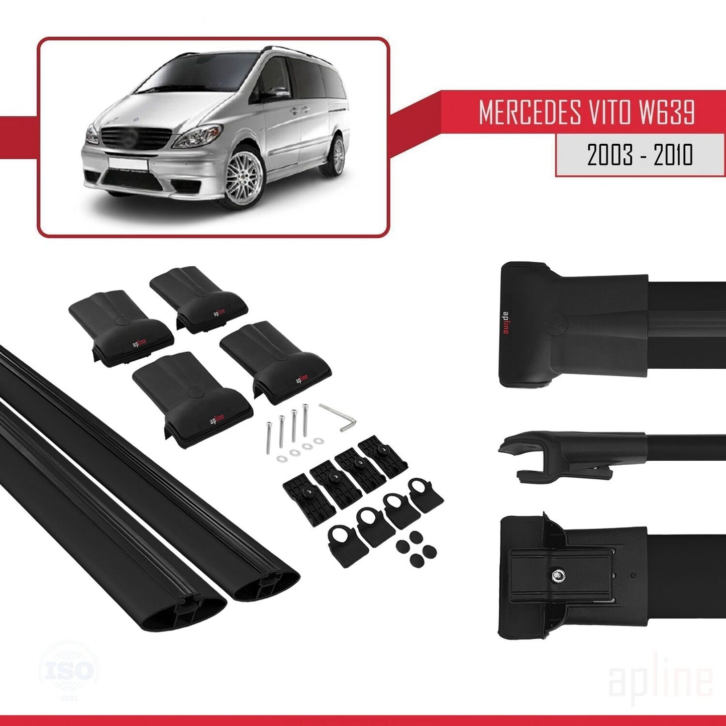 Compatible avec Mercedes Vito 2 (W639) Pre-Facelift 2003-2010 FLY Model Barres de Toit Railing Porte-Bagages de Voiture Noir Aluminium 2 Barres