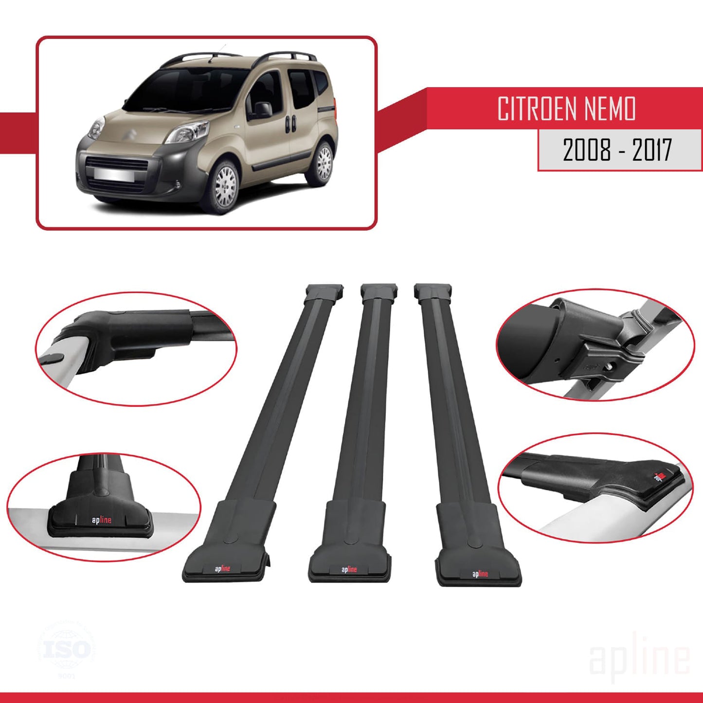 Compatible avec Citroen Nemo 3 (225) 2008-2017 FLY Model Barres de Toit Railing Porte-Bagages de Voiture Noir Aluminium 3 Barres