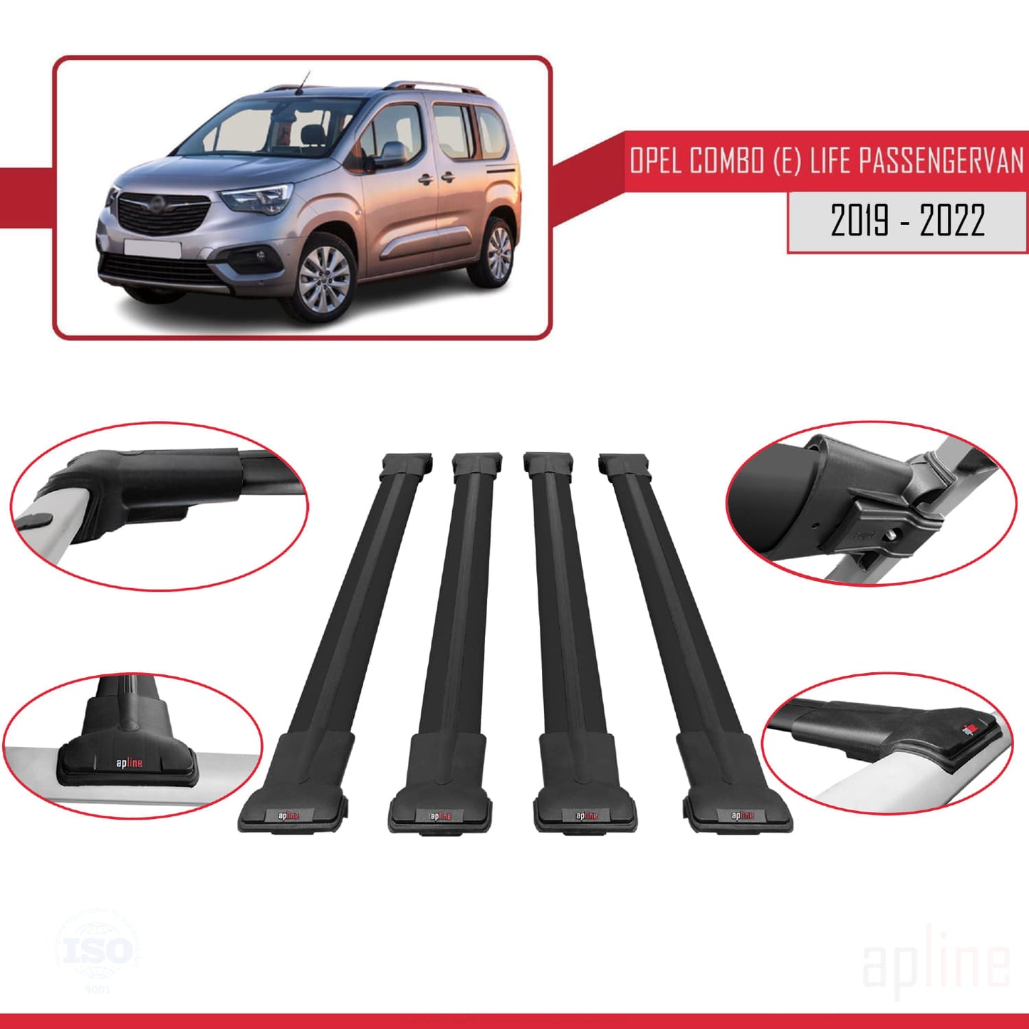 Compatible avec Opel Combo E Cargo 2019-2022 FLY Model Barres de Toit Railing Porte-Bagages de Voiture Noir Aluminium 4 Barres