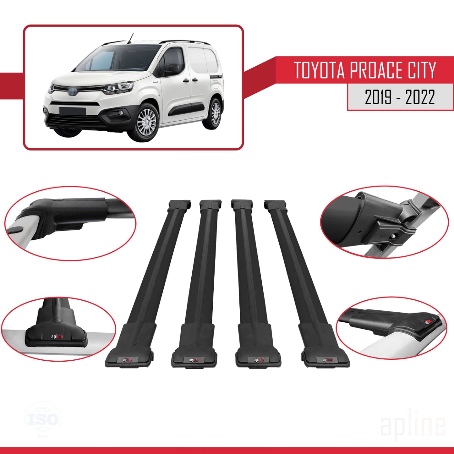 Compatible avec Toyota Proace City 2019-2022 FLY Model Barres de Toit Railing Porte-Bagages de Voiture Noir Aluminium 4 Barres