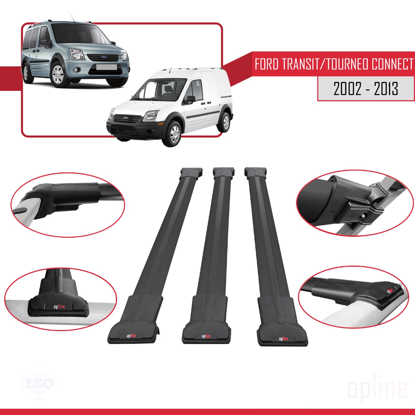 Compatible avec Ford Transit/Tourneo Connect 2002-2013 FLY Model Barres de Toit Railing Porte-Bagages de Voiture Noir Aluminium 3 Barres