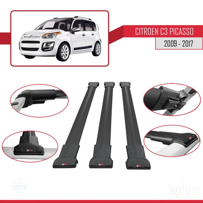 Compatible avec Citroen C3 Picasso 2009-2017 FLY Model Barres de Toit Railing Porte-Bagages de Voiture Noir Aluminium 3 Barres