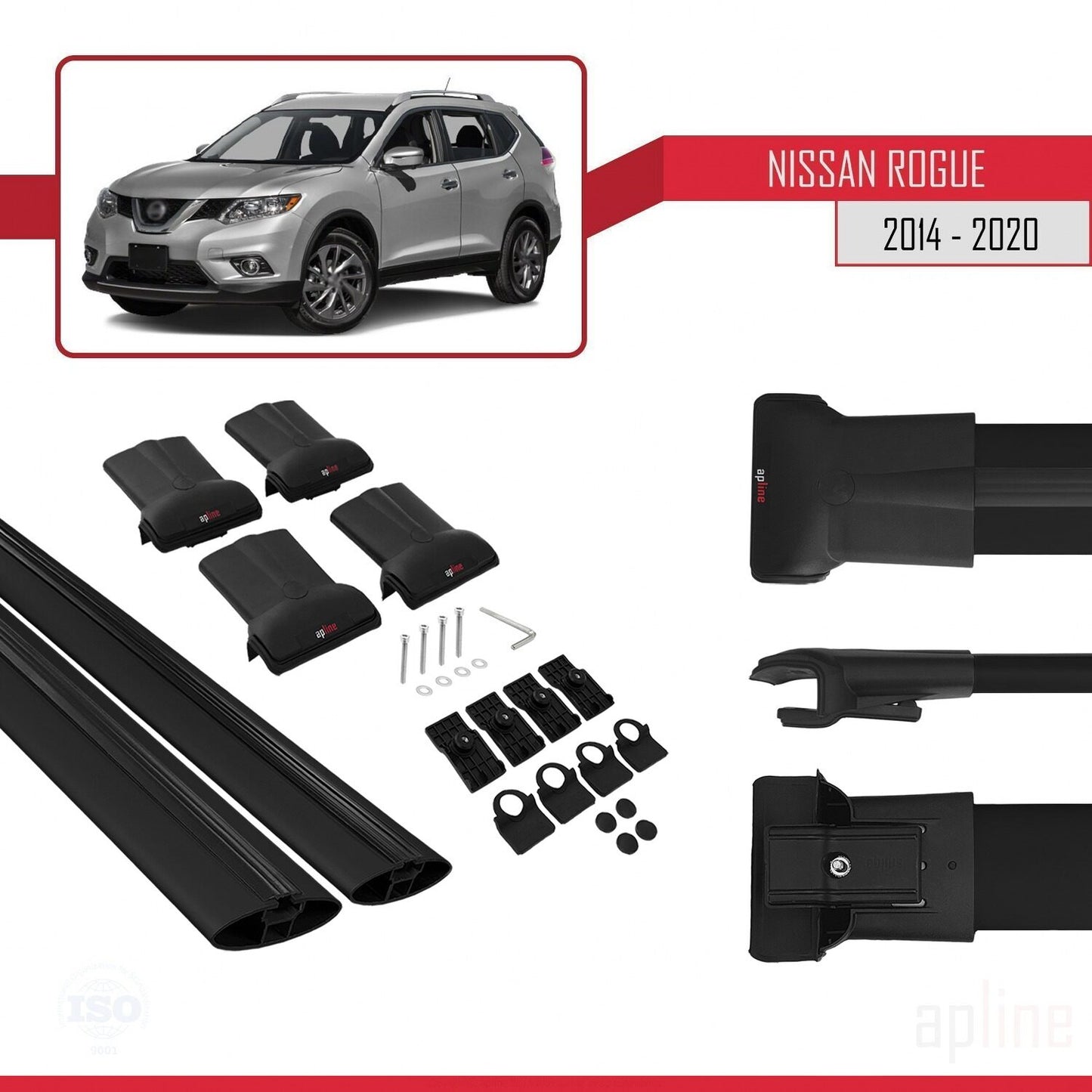 Compatible avec Nissan Rogue 2 (T32) 2014-2020 FLY Model Barres de Toit Railing Porte-Bagages de Voiture Noir Aluminium 2 Barres