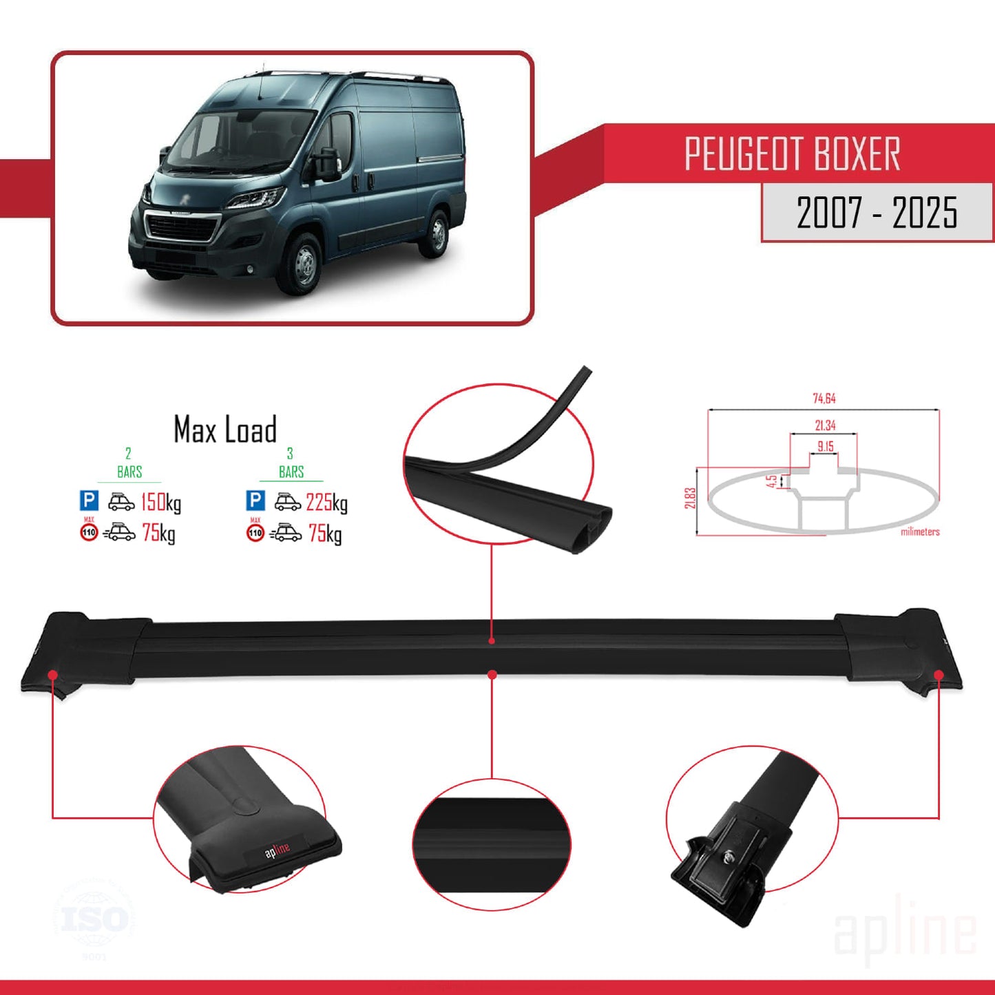 Compatible avec Peugeot Boxer 2 2007-2025 FLY Model Barres de Toit Railing Porte-Bagages de Voiture Noir Aluminium 2 Barres