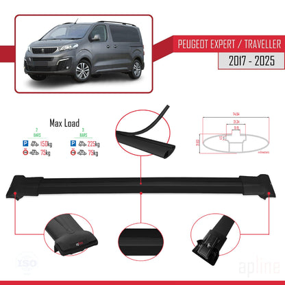 Compatible with Peugeot Expert 3 Traveller 2017-2025 FLY Model Car Roof Rack Cross Bar Black Aluminium 2 Bars