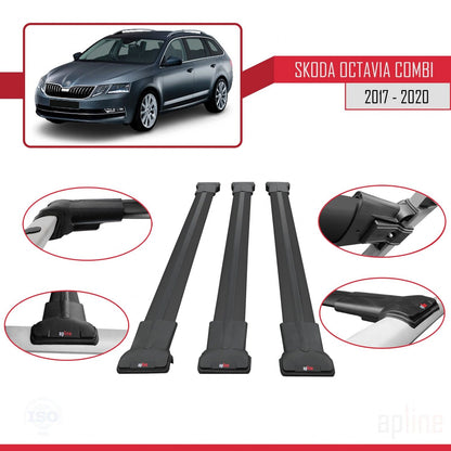 Compatible avec Skoda Octavia 3 (5E) Break Post-Facelift 2017-2020 FLY Model Barres de Toit Railing Porte-Bagages de Voiture Noir Aluminium 3 Barres