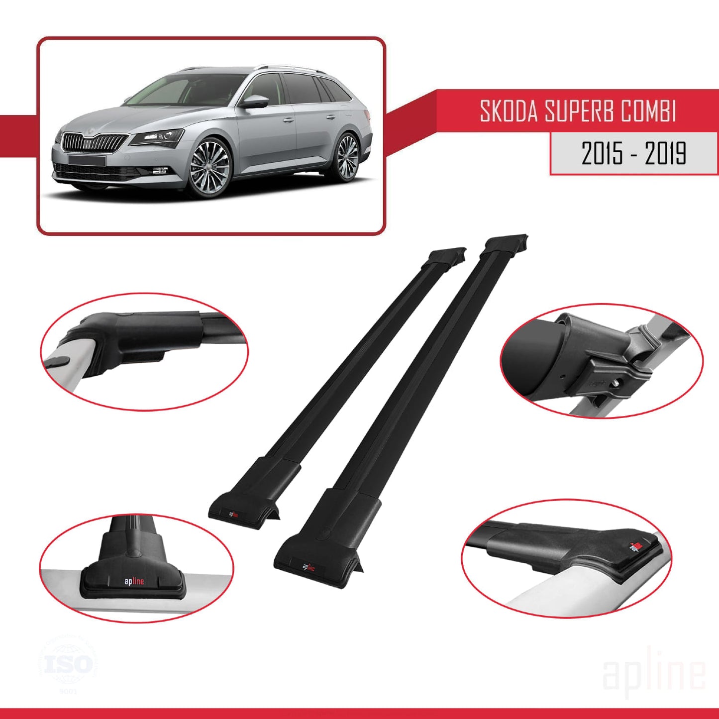 Compatible avec Skoda Superb 3 (3V) Break Pre-Facelift 2015-2019 FLY Model Barres de Toit Railing Porte-Bagages de Voiture Noir Aluminium 2 Barres