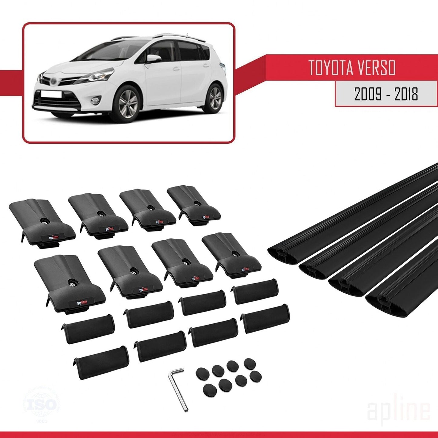 Compatible avec Toyota Verso (AR20) 2009-2018 FLY Model Barres de Toit Railing Porte-Bagages de Voiture Noir Aluminium 4 Barres