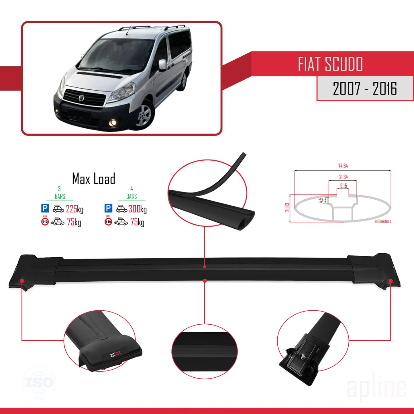 Compatible avec Fiat Scudo 2 2007-2016 FLY Model Barres de Toit Railing Porte-Bagages de Voiture Noir Aluminium 4 Barres