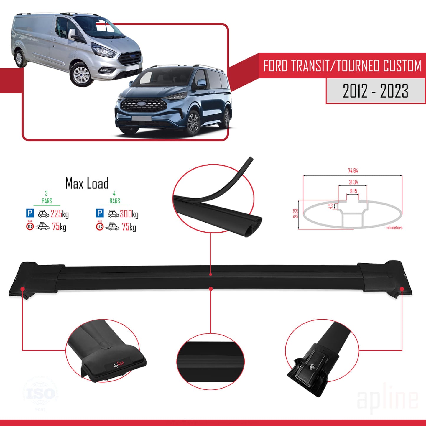 Compatible avec Ford Transit/Tourneo Custom 2012-2023 FLY Model Barres de Toit Railing Porte-Bagages de Voiture Noir Aluminium 3 Barres
