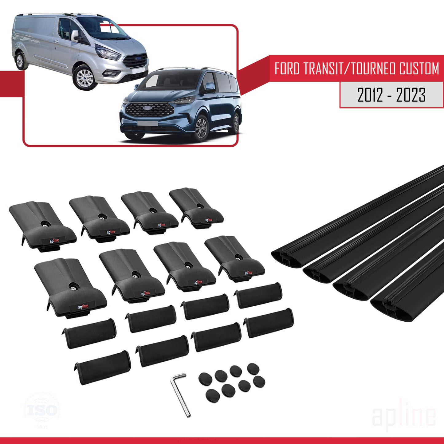 Compatible avec Ford Transit/Tourneo Custom 2012-2023 FLY Model Barres de Toit Railing Porte-Bagages de Voiture Noir Aluminium 4 Barres
