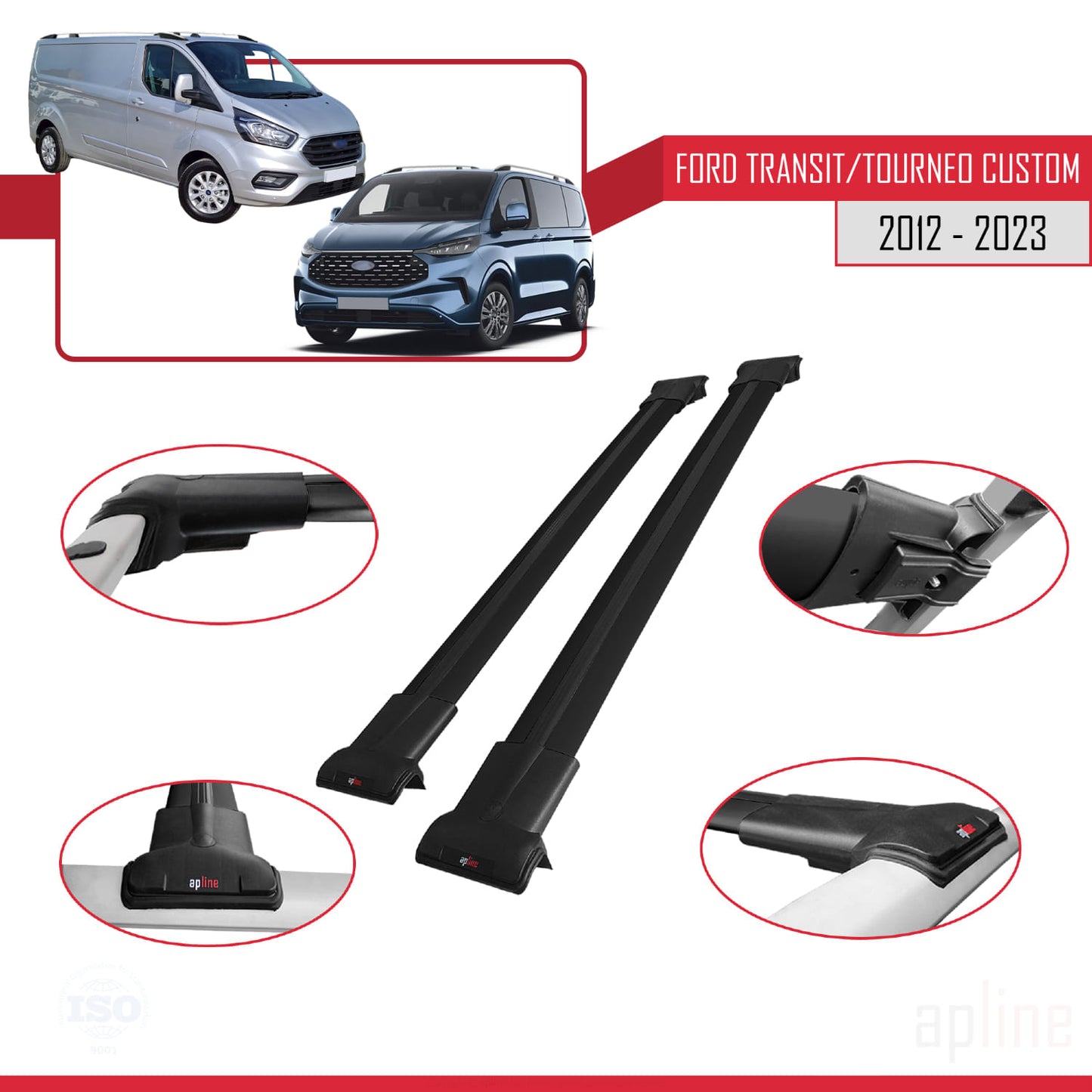 Compatible avec Ford Transit/Tourneo Custom 2012-2023 FLY Model Barres de Toit Railing Porte-Bagages de Voiture Noir Aluminium 2 Barres