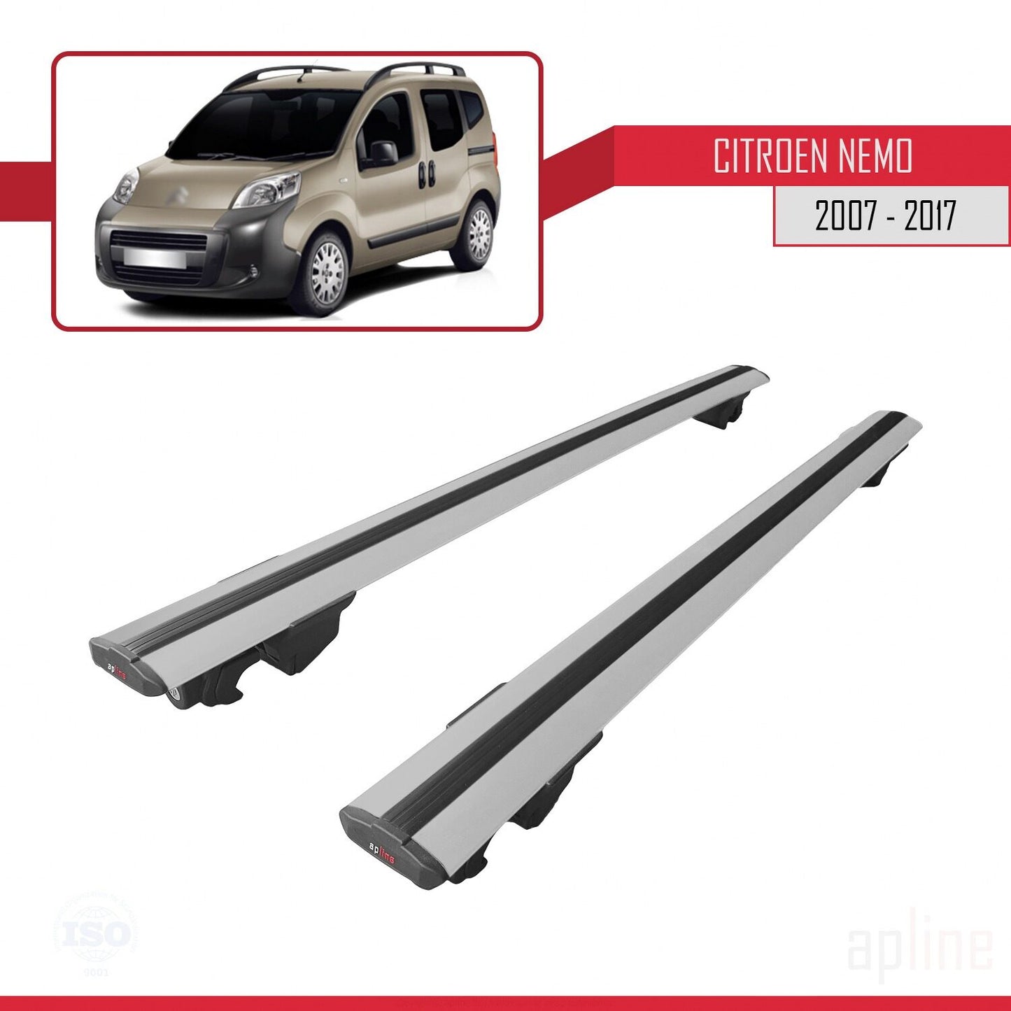 Compatible with Citroen Nemo 3 (225) 2007-2017 HOOK Model Car Roof Rack Cross Bar Grey Aluminium 2 Bars