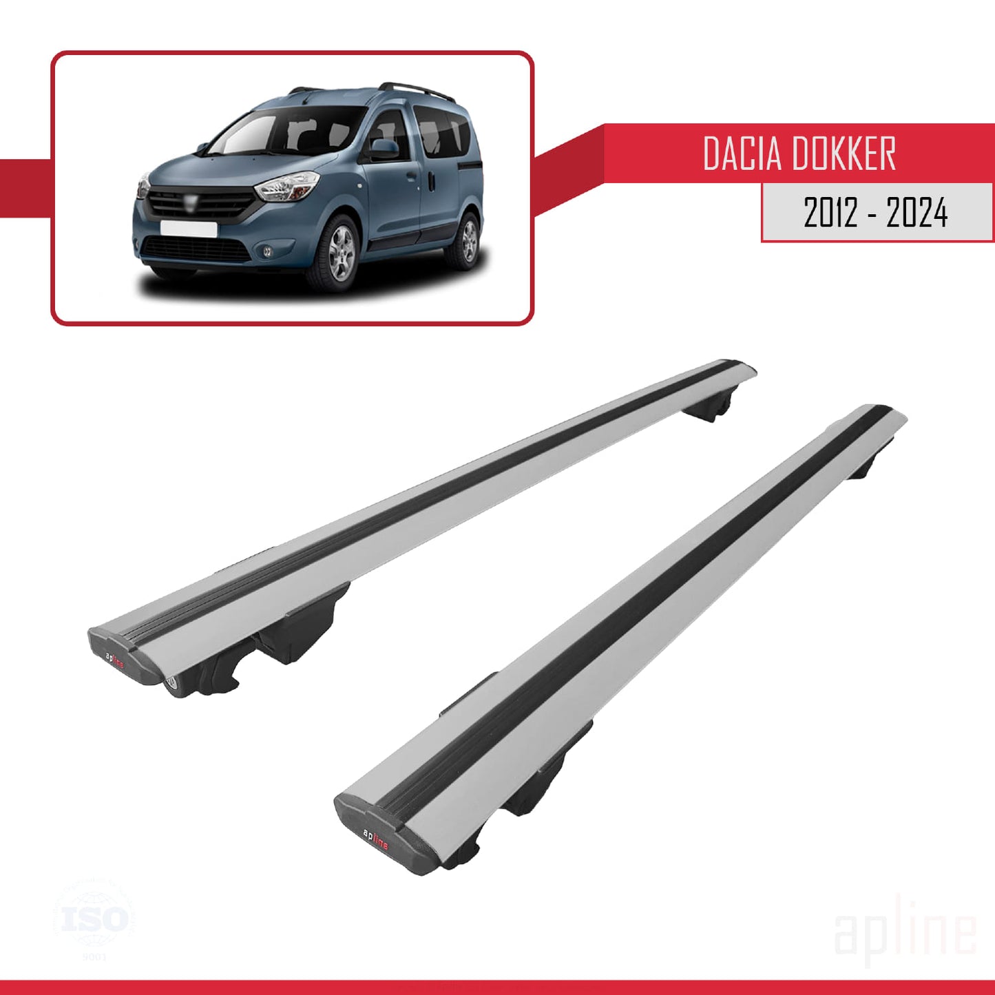Compatible with Dacia Dokker (K67) 2012-2024 HOOK Model Car Roof Rack Cross Bar Grey Aluminium 2 Bars