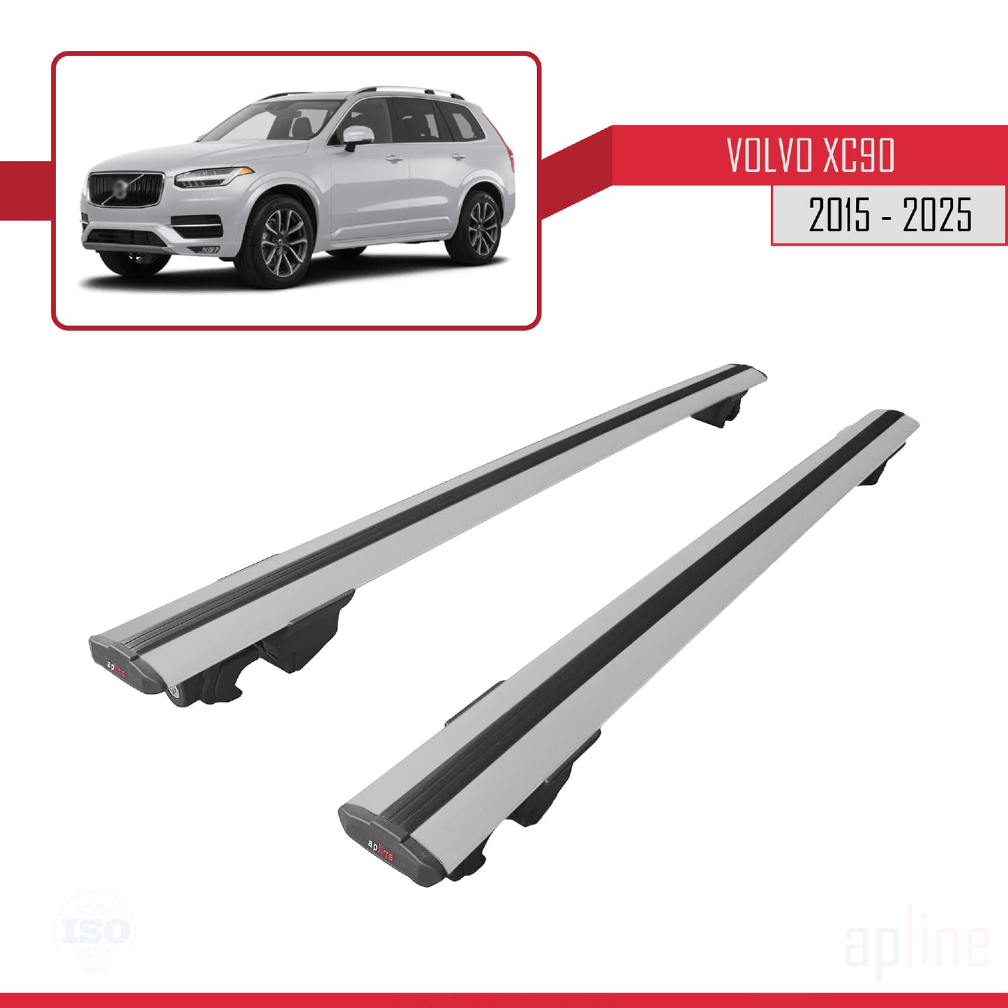 Compatible avec Volvo XC90 II 2015-2025 HOOK Model Barres de Toit Railing Porte-Bagages de Voiture Gris Aluminium 2 Barres
