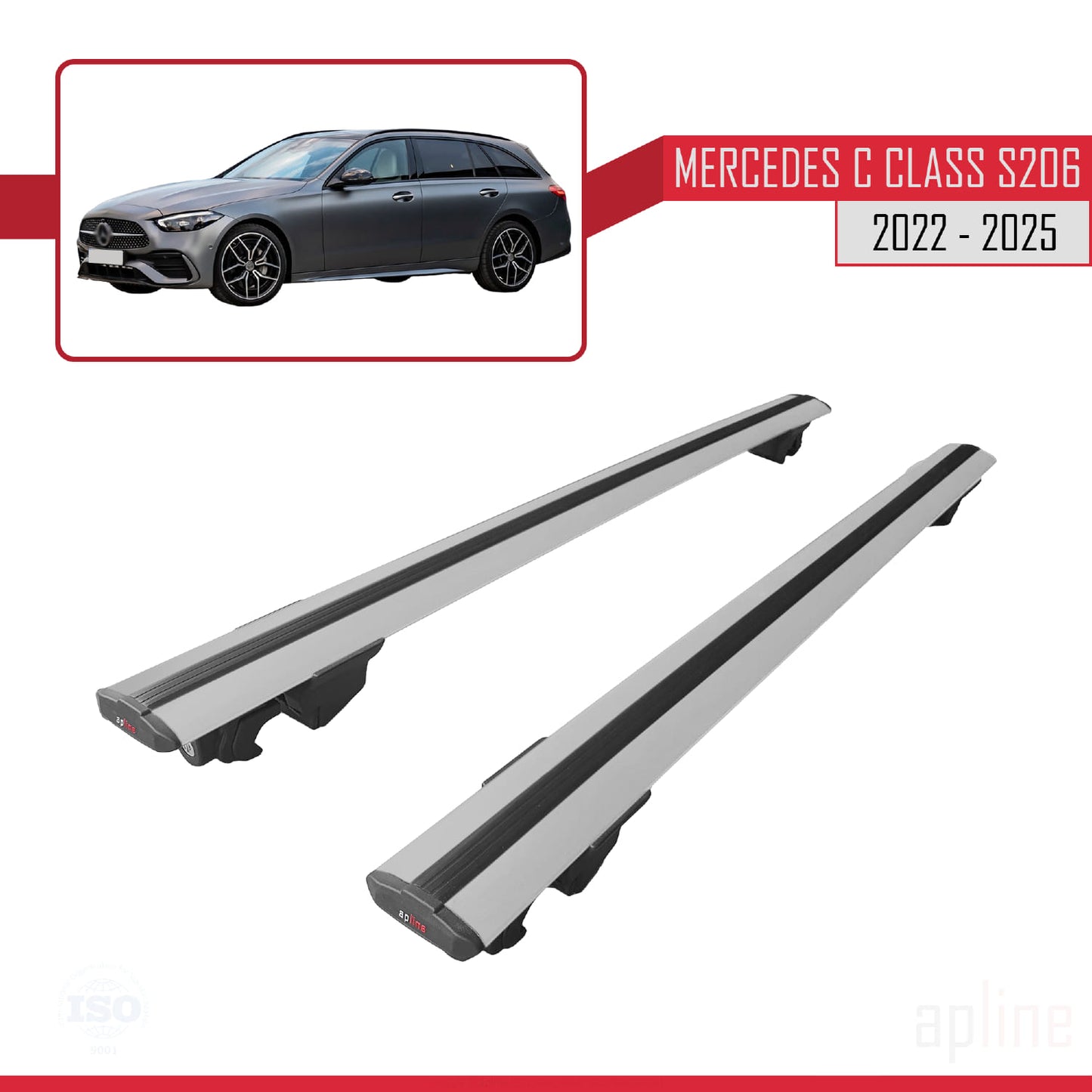 Compatible avec Mercedes Classe C 5 (S206) 2022-2025 HOOK Model Barres de Toit Railing Porte-Bagages de Voiture Gris Aluminium 2 Barres