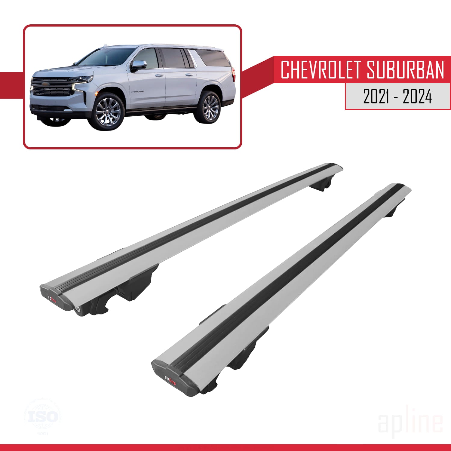 Compatible avec Chevrolet Suburban 2021-2024 HOOK Model Barres de Toit Railing Porte-Bagages de Voiture Gris Aluminium 2 Barres