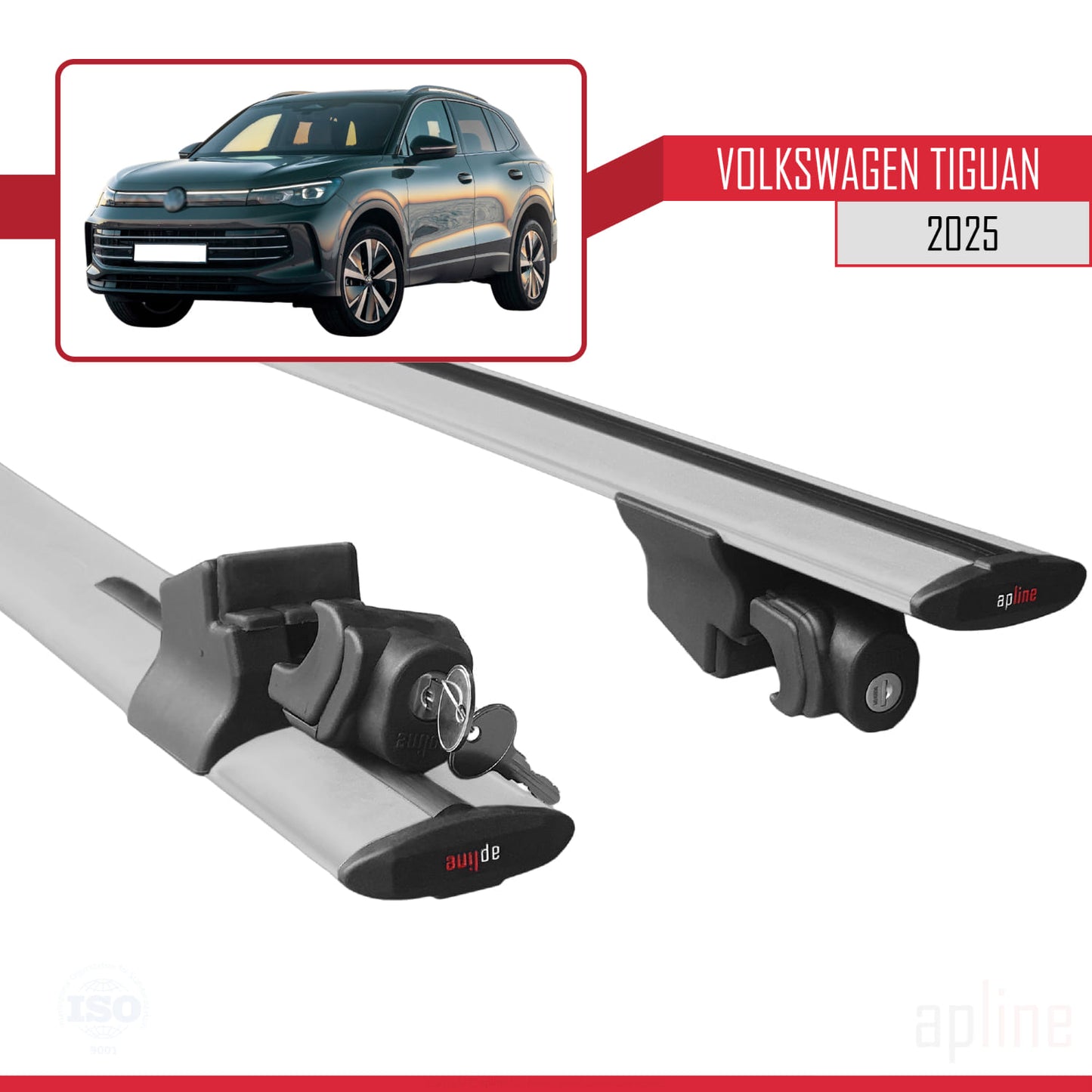 Compatible avec Volkswagen Tiguan 2025 HOOK Model Barres de Toit Railing Porte-Bagages de Voiture Gris Aluminium 2 Barres