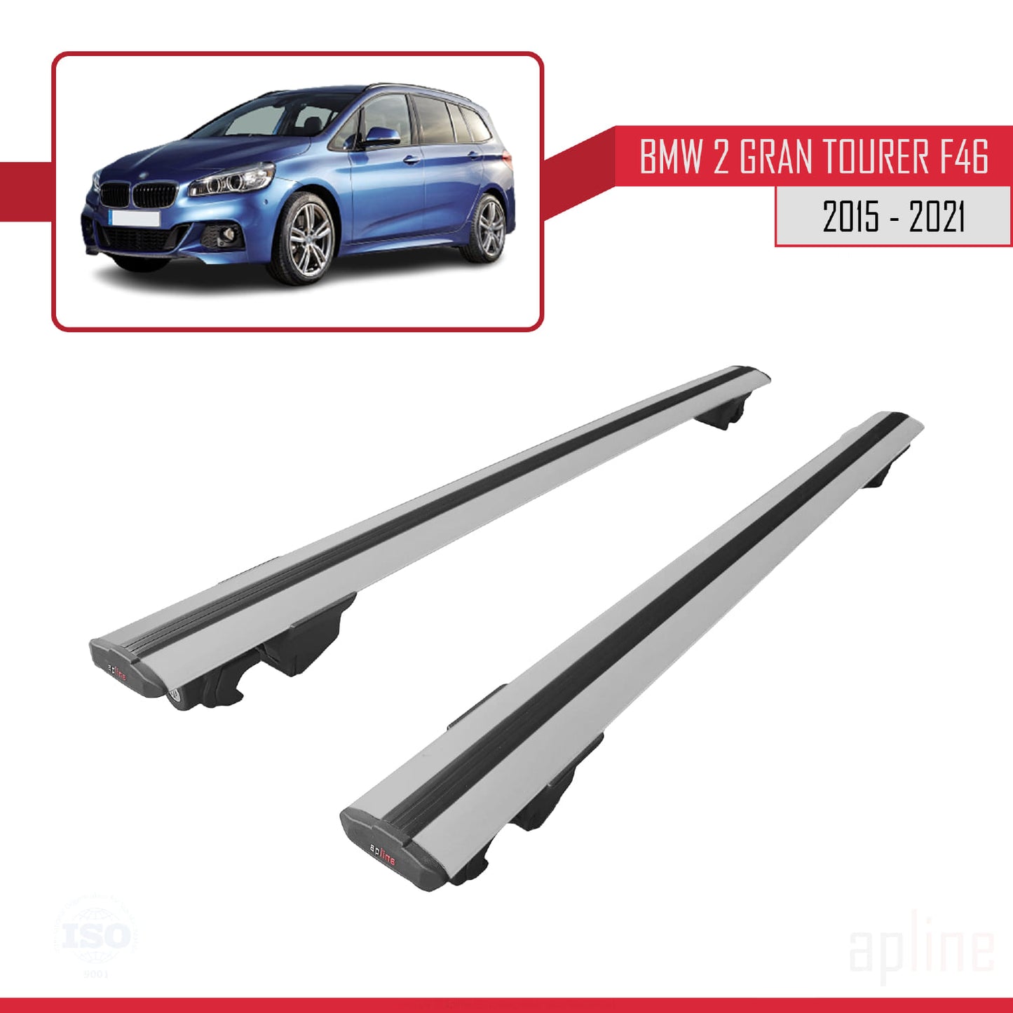 Compatible avec BMW Série 2 (F46) Gran Tourer 2015-2021 HOOK Model Barres de Toit Railing Porte-Bagages de Voiture Gris Aluminium 2 Barres