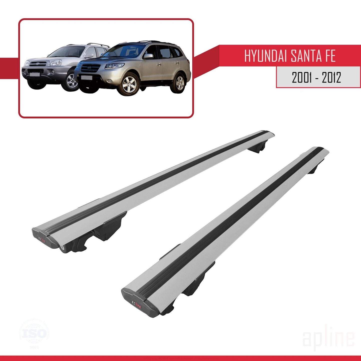 Compatible avec Hyundai Santa Fe (SM/CM) 2001-2012 HOOK Model Barres de Toit Railing Porte-Bagages de Voiture Gris Aluminium 2 Barres
