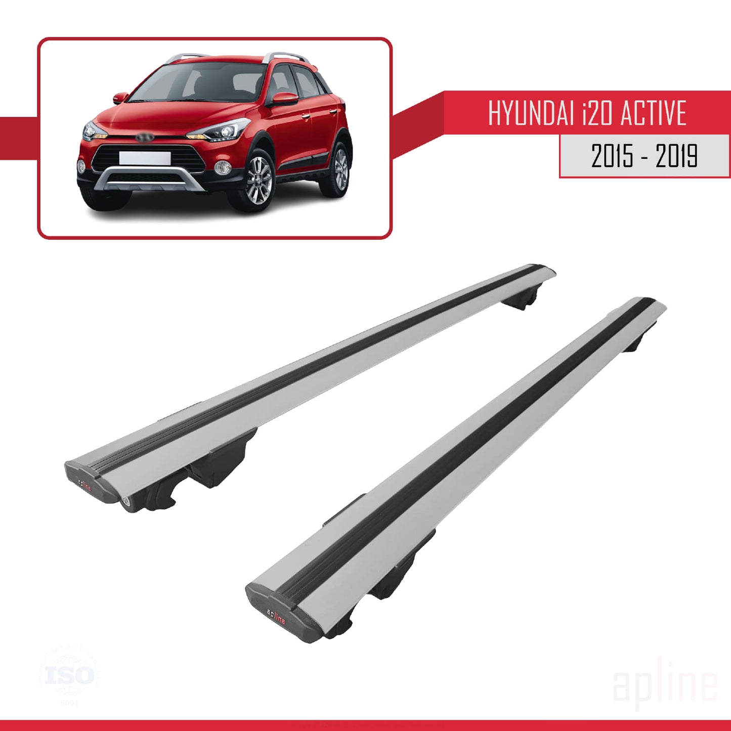 Compatible avec Hyundai i20 II Active 2015-2019 HOOK Model Barres de Toit Railing Porte-Bagages de Voiture Gris Aluminium 2 Barres