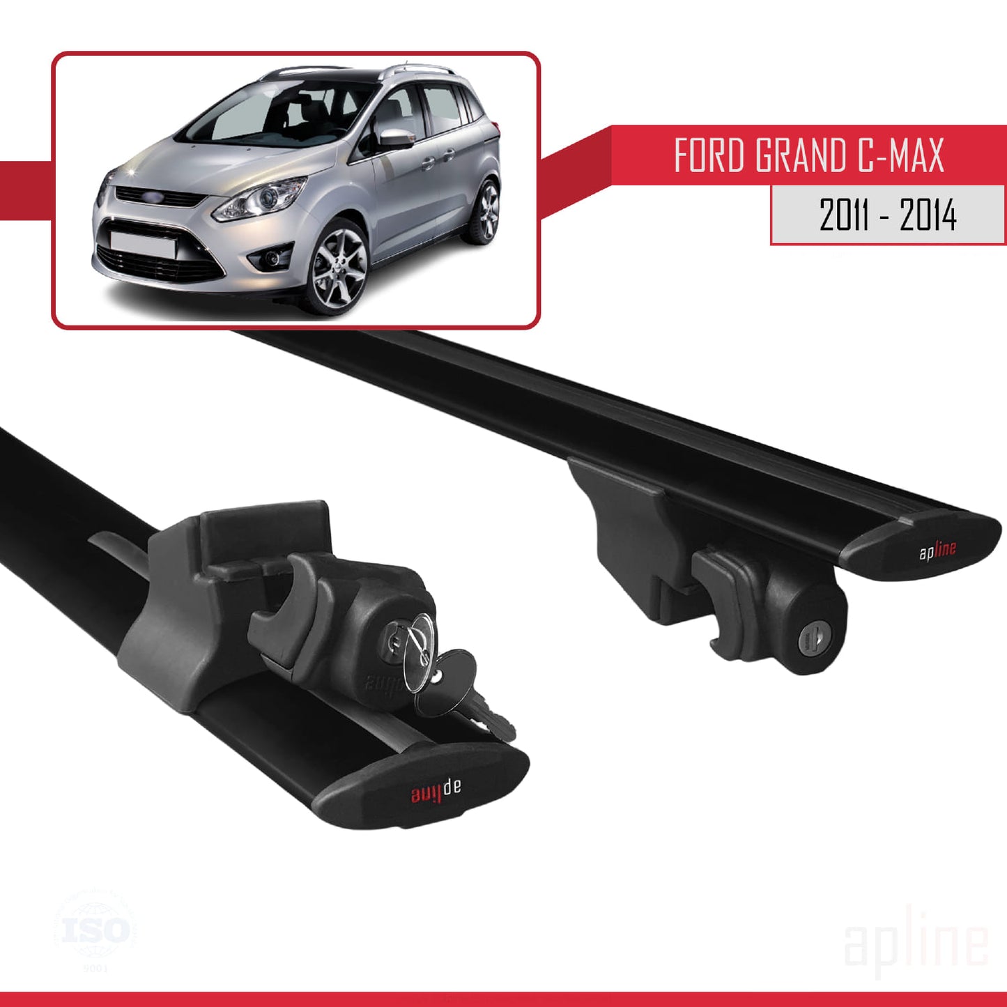 Compatible avec Ford Grand C-Max (C344) Pre-Facelift 2011-2014 HOOK Model Barres de Toit Railing Porte-Bagages de Voiture Noir Aluminium 2 Barres