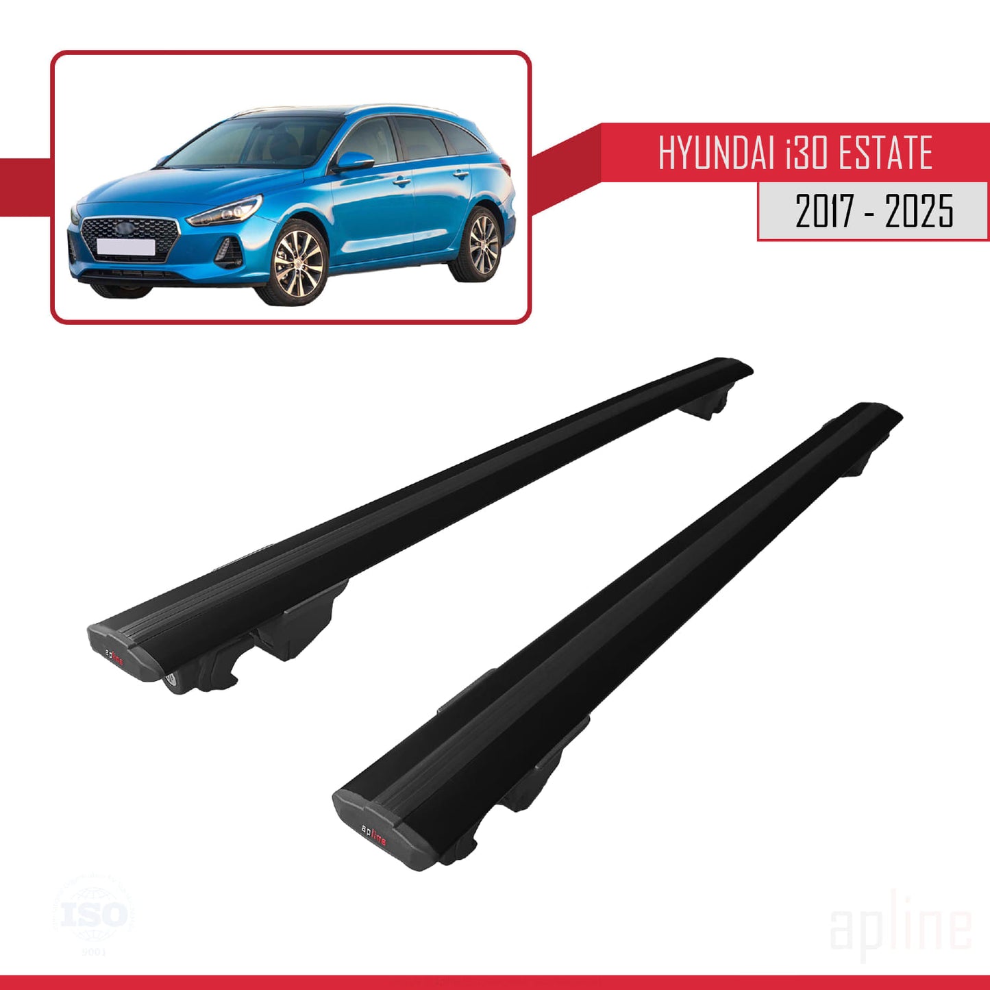 Compatible avec Hyundai i30 3 (PD) Break 2017-2025 HOOK Model Barres de Toit Railing Porte-Bagages de Voiture Noir Aluminium 2 Barres