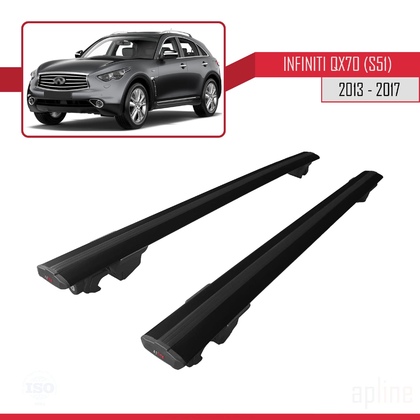 Compatible avec Infiniti QX70 (S51) 2013-2017 HOOK Model Barres de Toit Railing Porte-Bagages de Voiture Noir Aluminium 2 Barres
