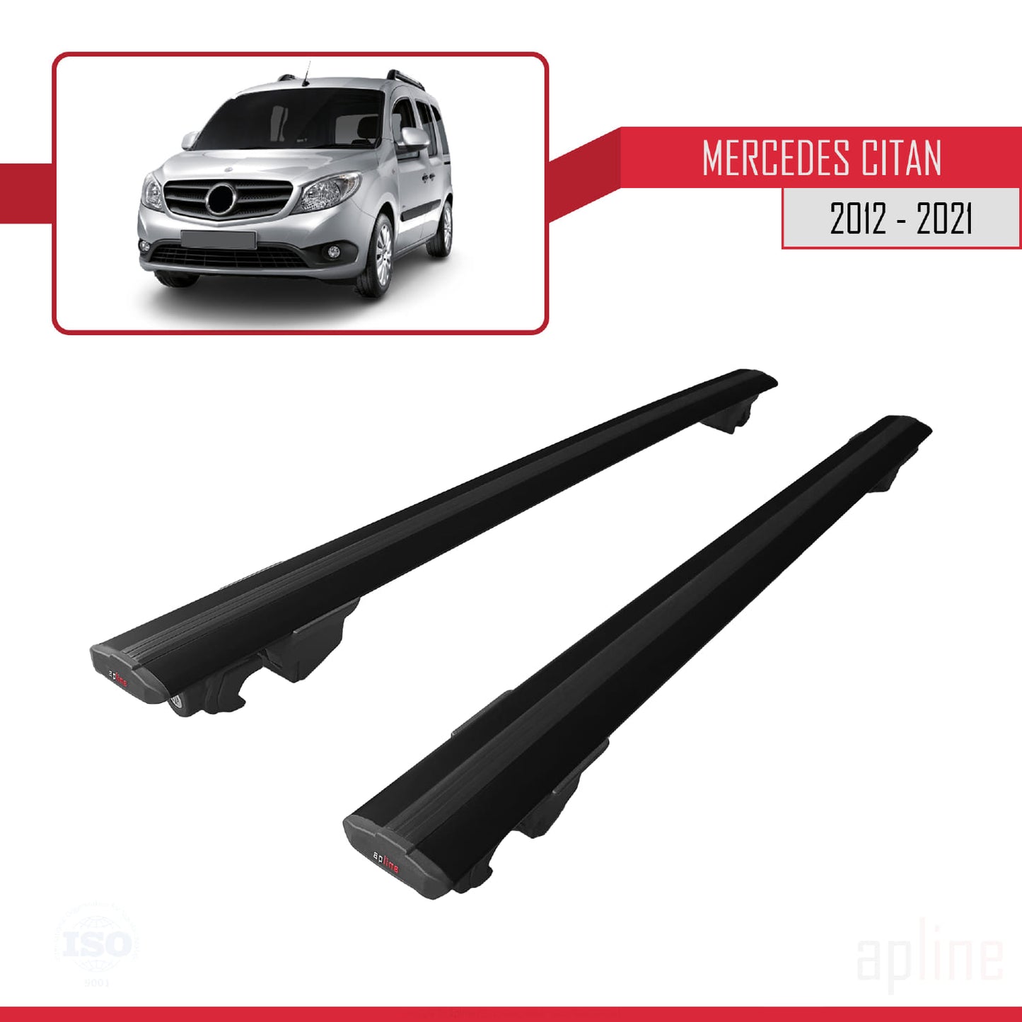 Compatible avec Mercedes Citan (W415) 2012-2021 HOOK Model Barres de Toit Railing Porte-Bagages de Voiture Noir Aluminium 2 Barres