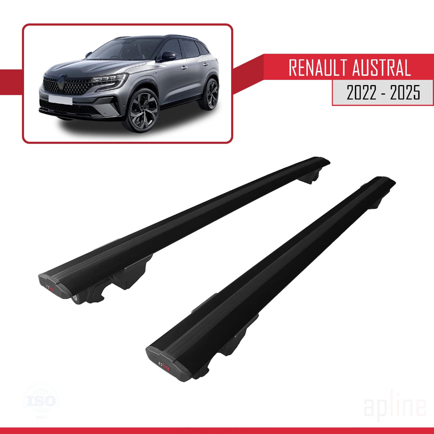 Compatible avec Renault Austral (RHN) 2022-2025 HOOK Model Barres de Toit Railing Porte-Bagages de Voiture Noir Aluminium 2 Barres
