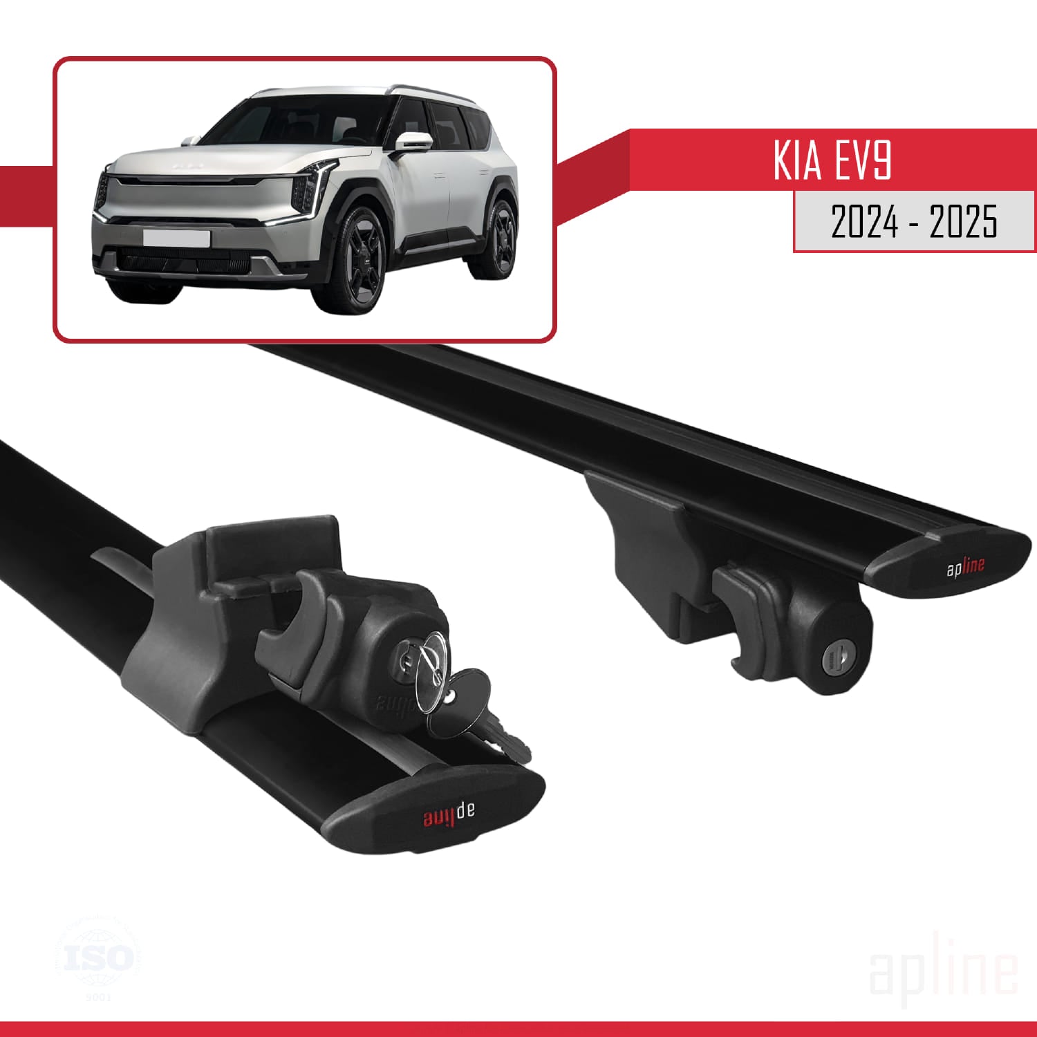 Compatible avec Kia EV9 2024-2025 HOOK Model Barres de Toit Railing Porte-Bagages de Voiture Noir Aluminium 2 Barres