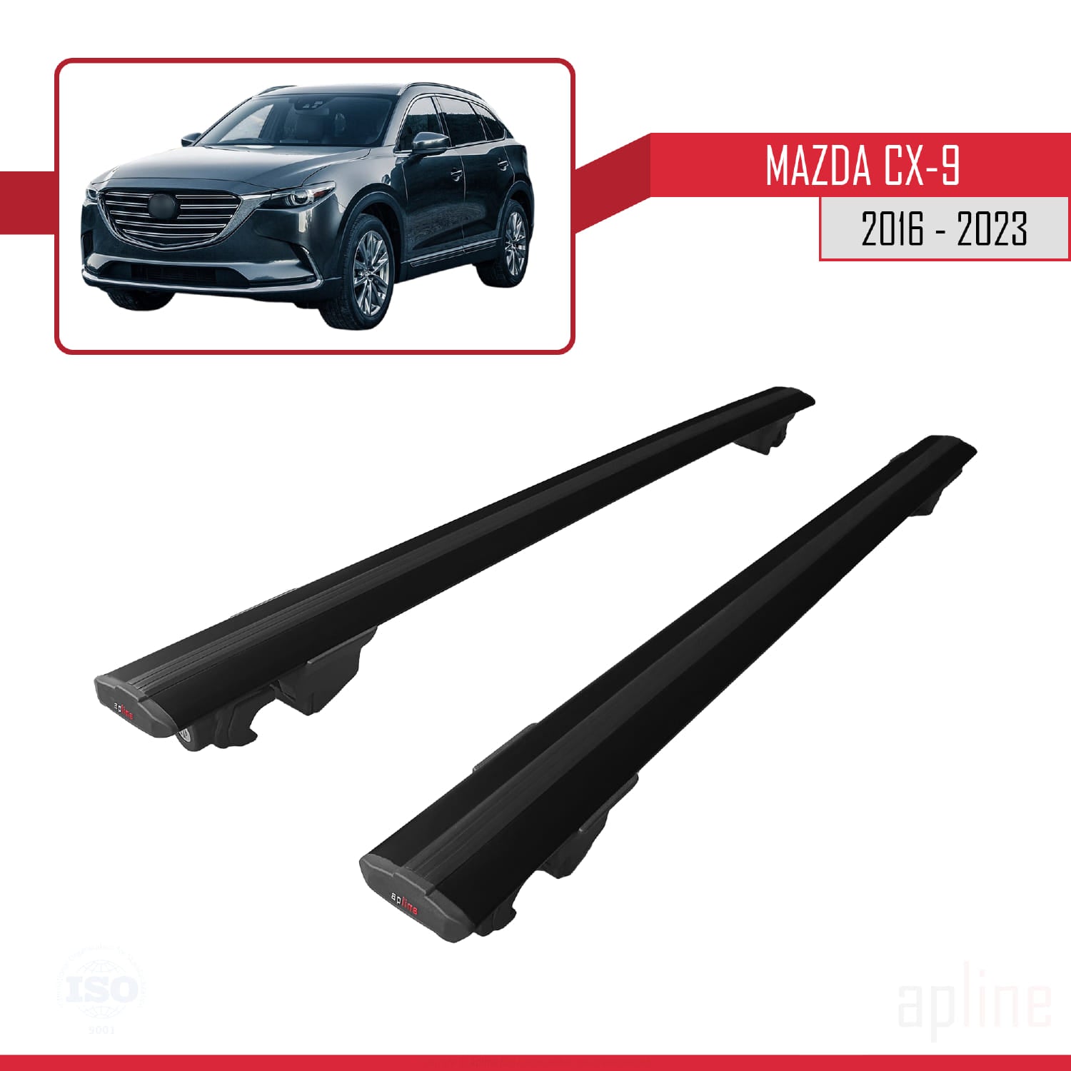 Compatible avec Mazda CX-9 2016-2023 HOOK Model Barres de Toit Railing Porte-Bagages de Voiture Noir Aluminium 2 Barres