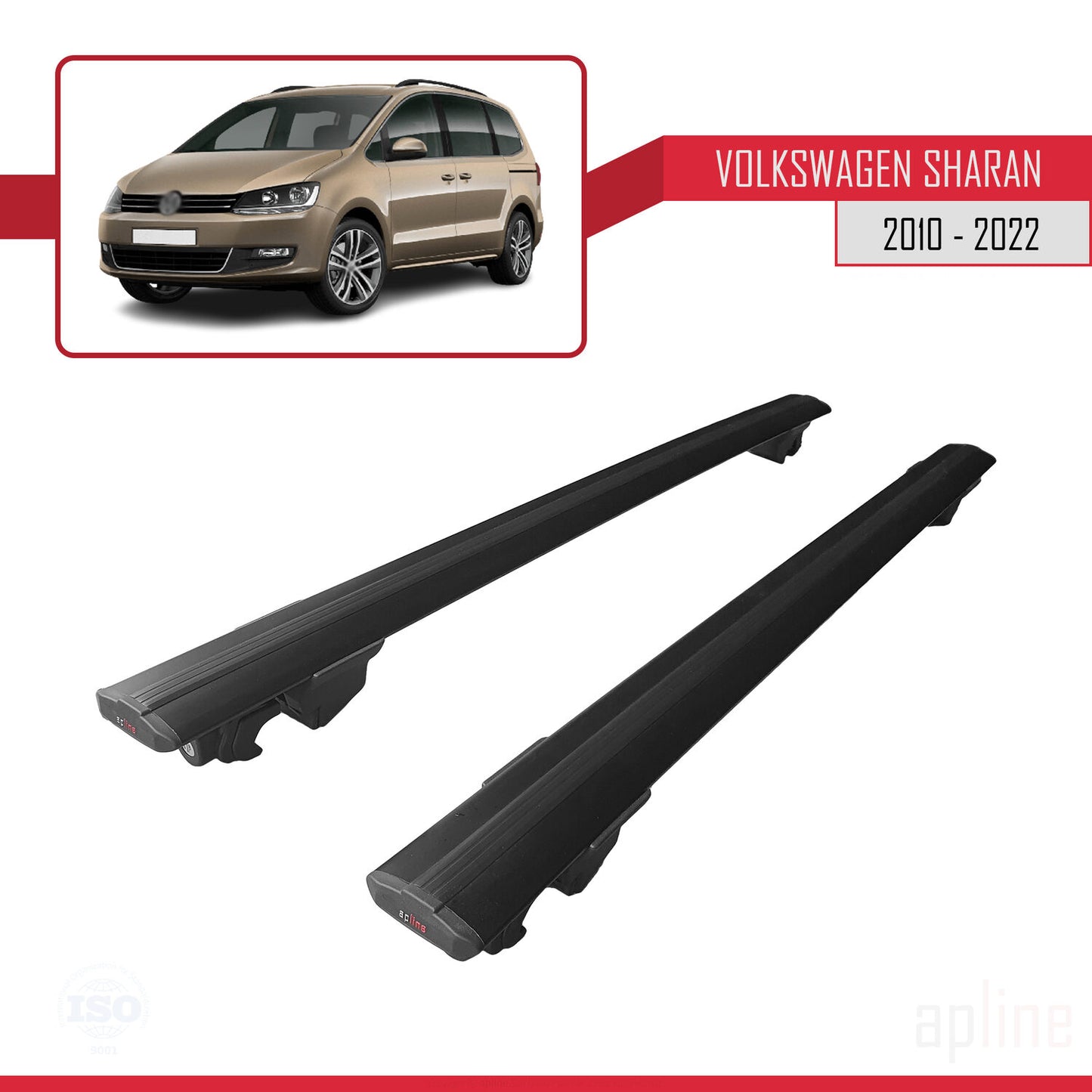 Compatible avec Volkswagen Sharan 2 (7N) 2010-2022 HOOK Model Barres de Toit Railing Porte-Bagages de Voiture Noir Aluminium 2 Barres