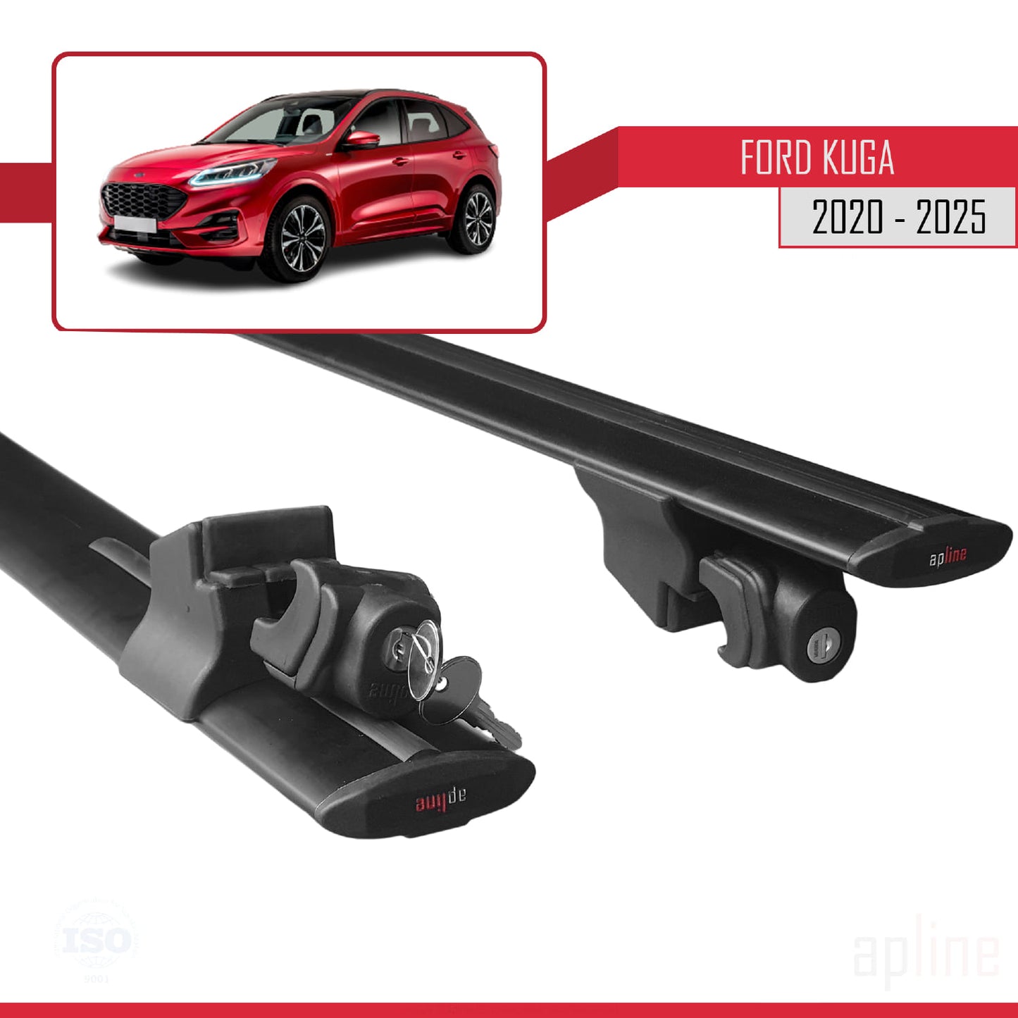 Compatible avec Ford Kuga 3 (CX482) 2020-2024 HOOK Model Barres de Toit Railing Porte-Bagages de Voiture Noir Aluminium 2 Barres