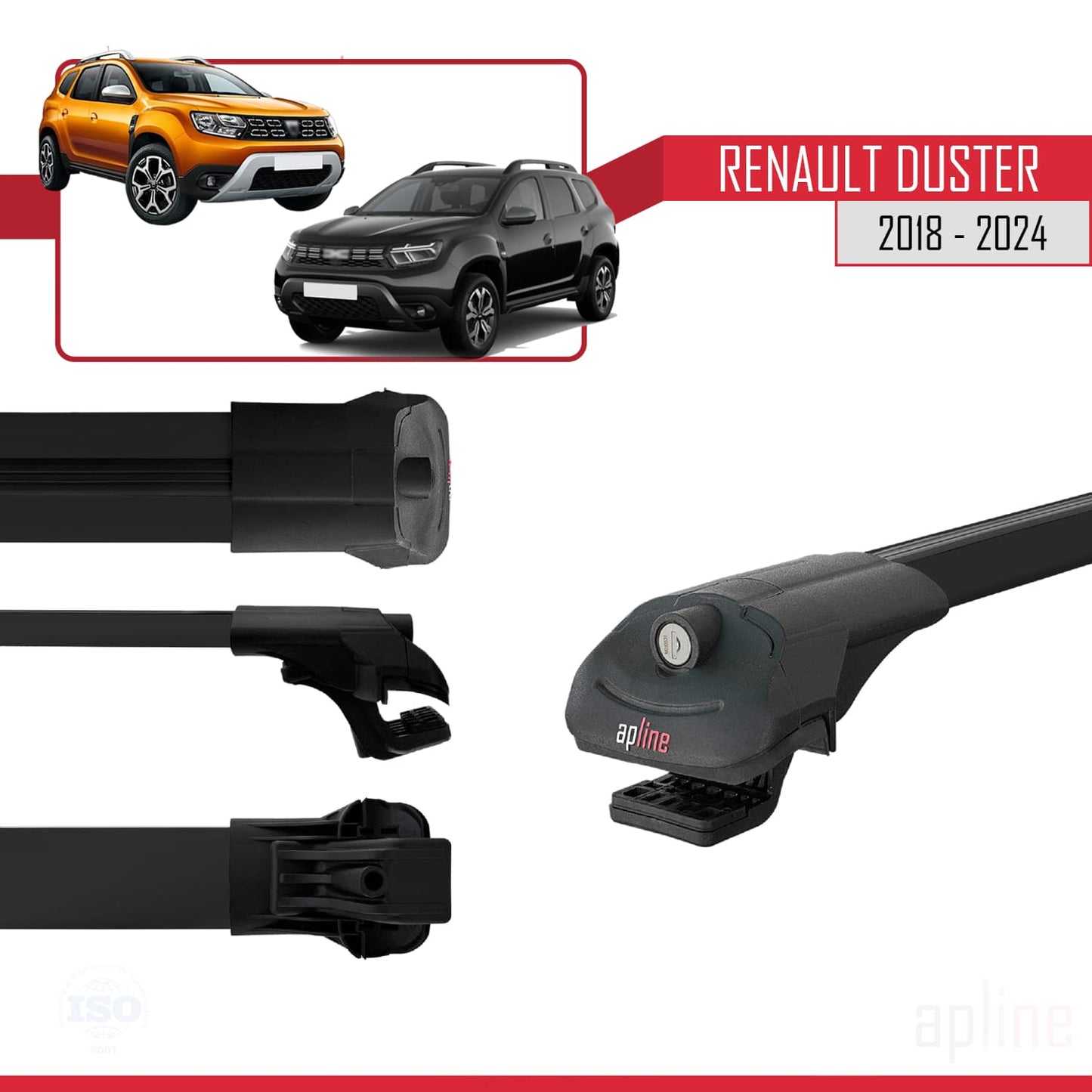 Compatible with Renault Duster 2 (HM) 2018-2024 ACE-1 Car Roof Rack Cross Bar Black Aluminium 2 Bars