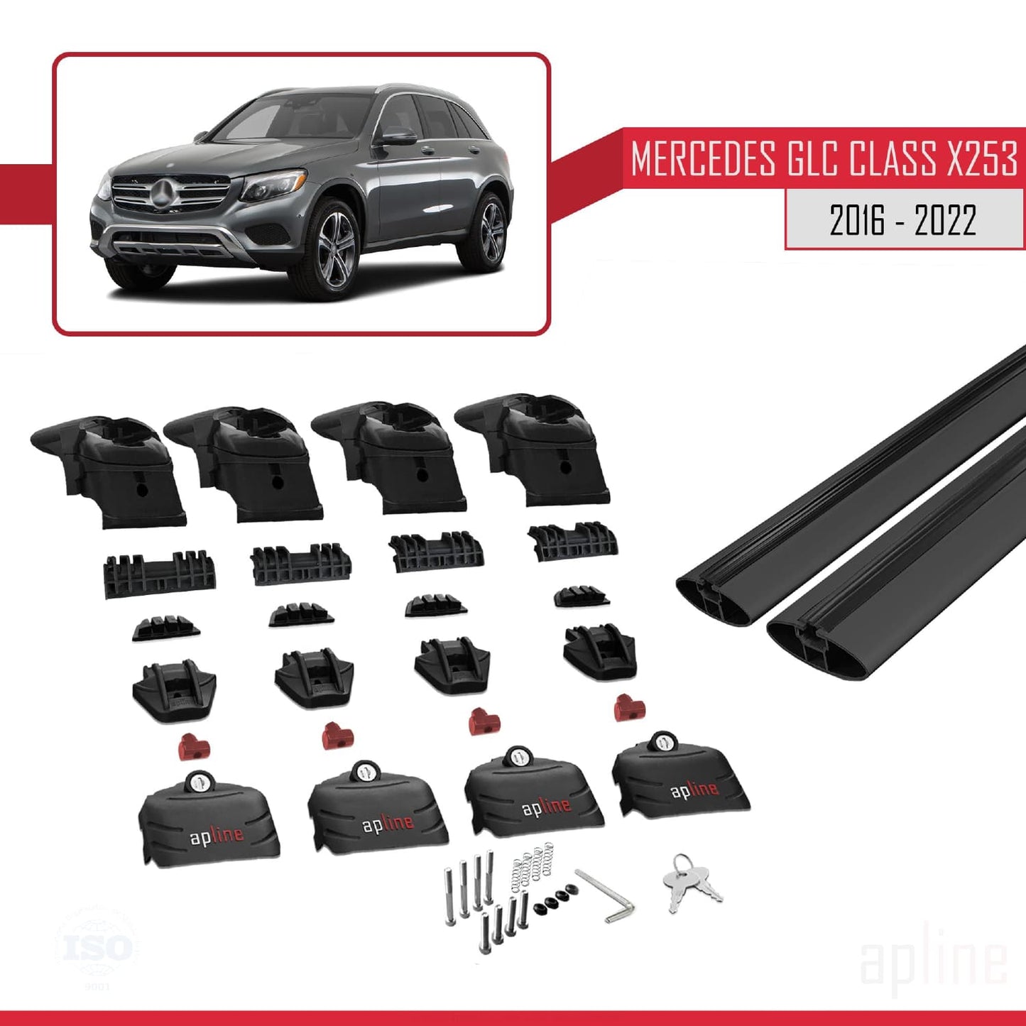 Compatible avec Mercedes Classe GLC (X253) 2016-2022 ACE-2 Barres de Toit Railing Porte-Bagages de Voiture Noir Aluminium 2 Barres