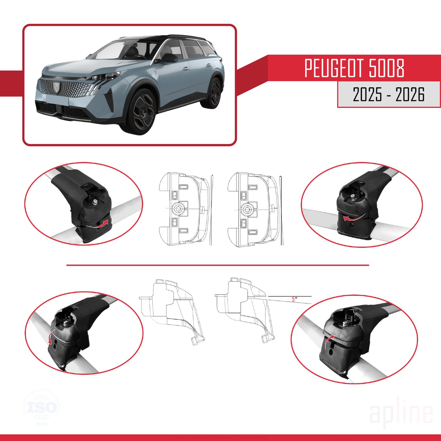 Compatible with Peugeot 5008 2025-2026 ACE-2 Car Roof Rack Cross Bar Grey Aluminium 2 Bars