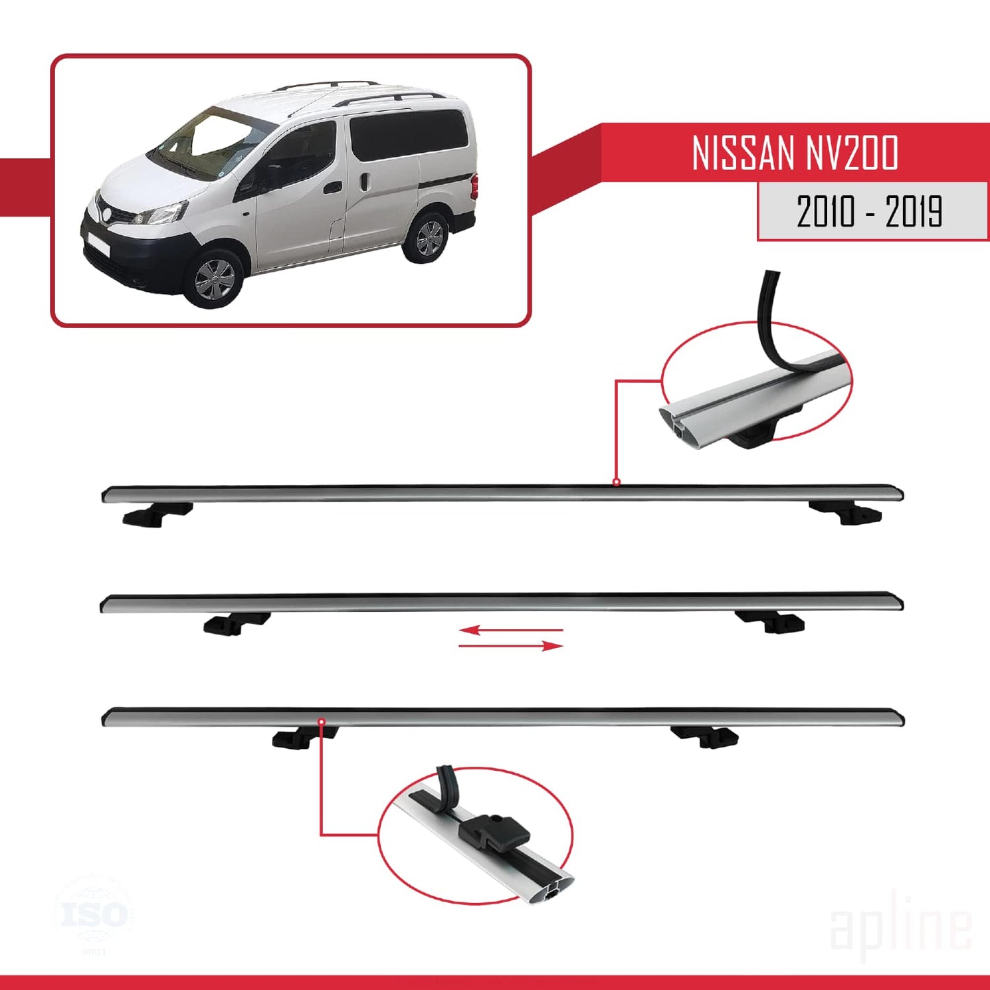 Compatible avec Nissan NV200 (M20) 2010-2019 Gri BASIC Model Barres de Toit Railing Porte-Bagages de Voiture Gris Aluminium 4 Barres