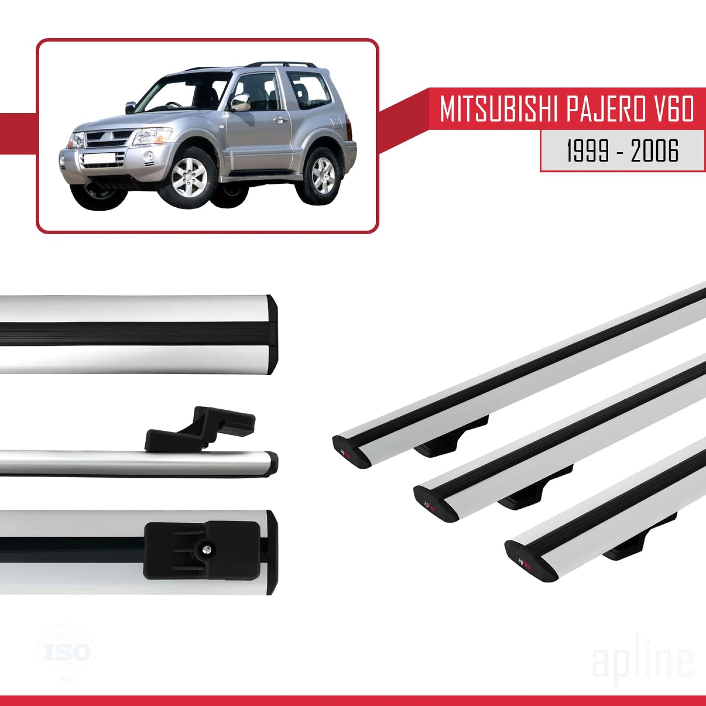 Compatible avec Mitsubishi Pajero (V60) 3 Kapı 1999-2006 BASIC Model Barres de Toit Railing Porte-Bagages de Voiture Gris Aluminium 3 Barres