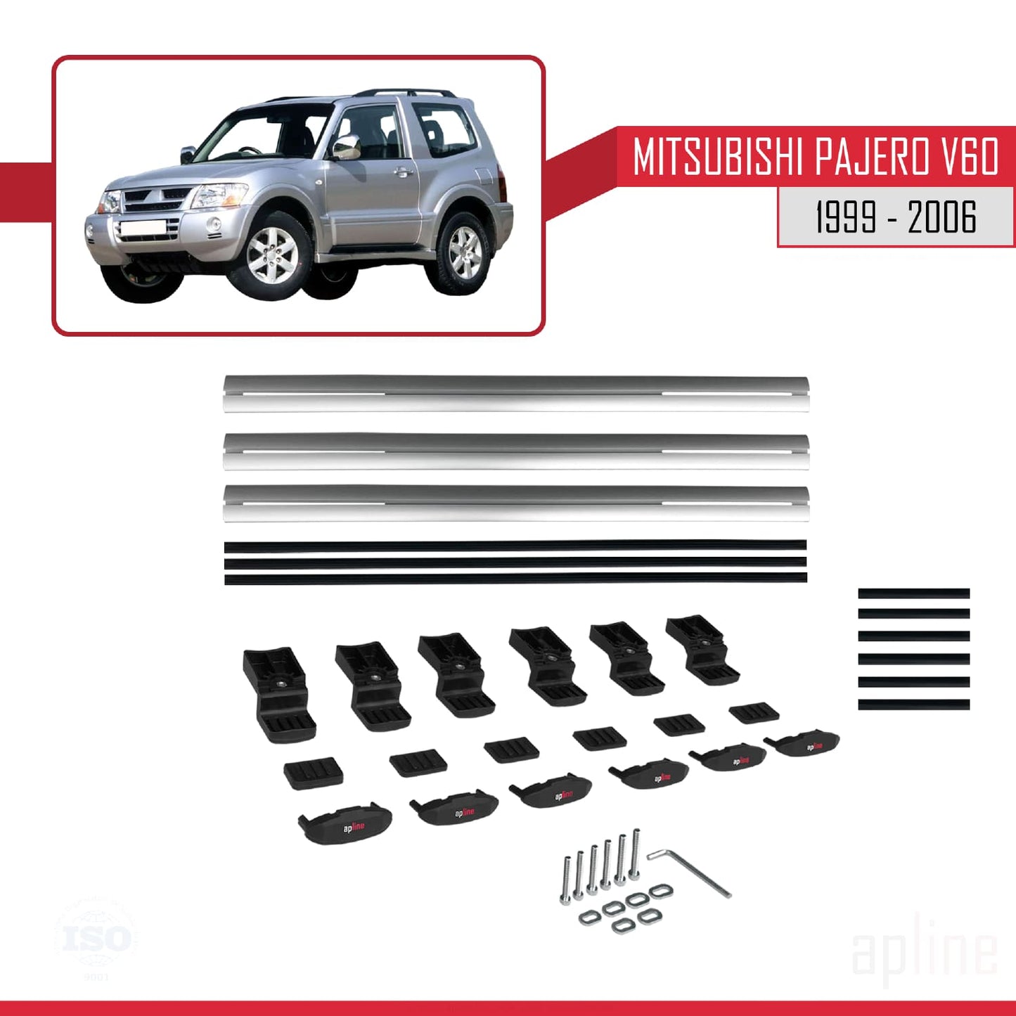 Compatible avec Mitsubishi Pajero (V60) 3 Kapı 1999-2006 BASIC Model Barres de Toit Railing Porte-Bagages de Voiture Gris Aluminium 3 Barres