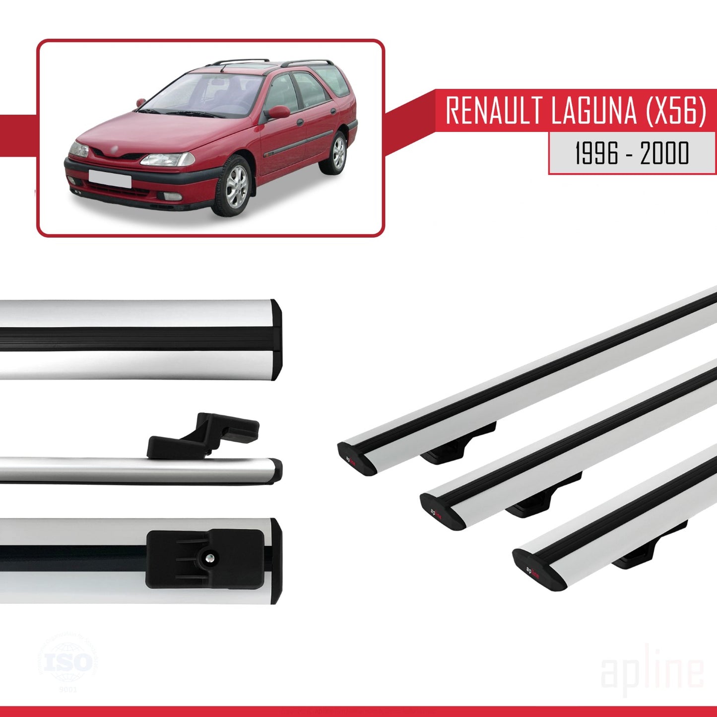 Compatible avec Renault Laguna (X56) 1996-200 BASIC Model Barres de Toit Railing Porte-Bagages de Voiture Gris Aluminium 3 Barres