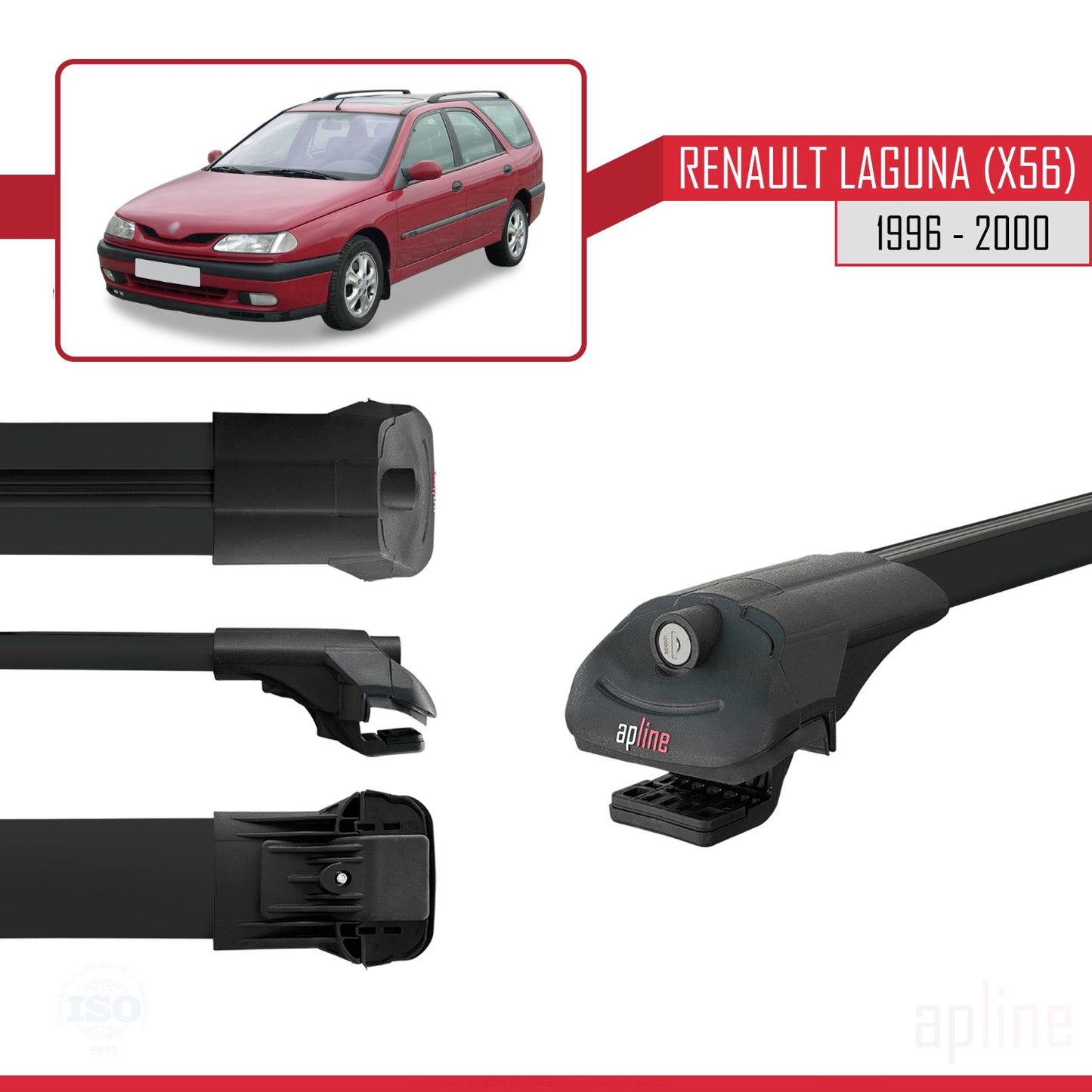 Compatible avec Renault Laguna (X56) 1996-200 ACE-1 Barres de Toit Railing Porte-Bagages de Voiture Noir Aluminium 3 Barres