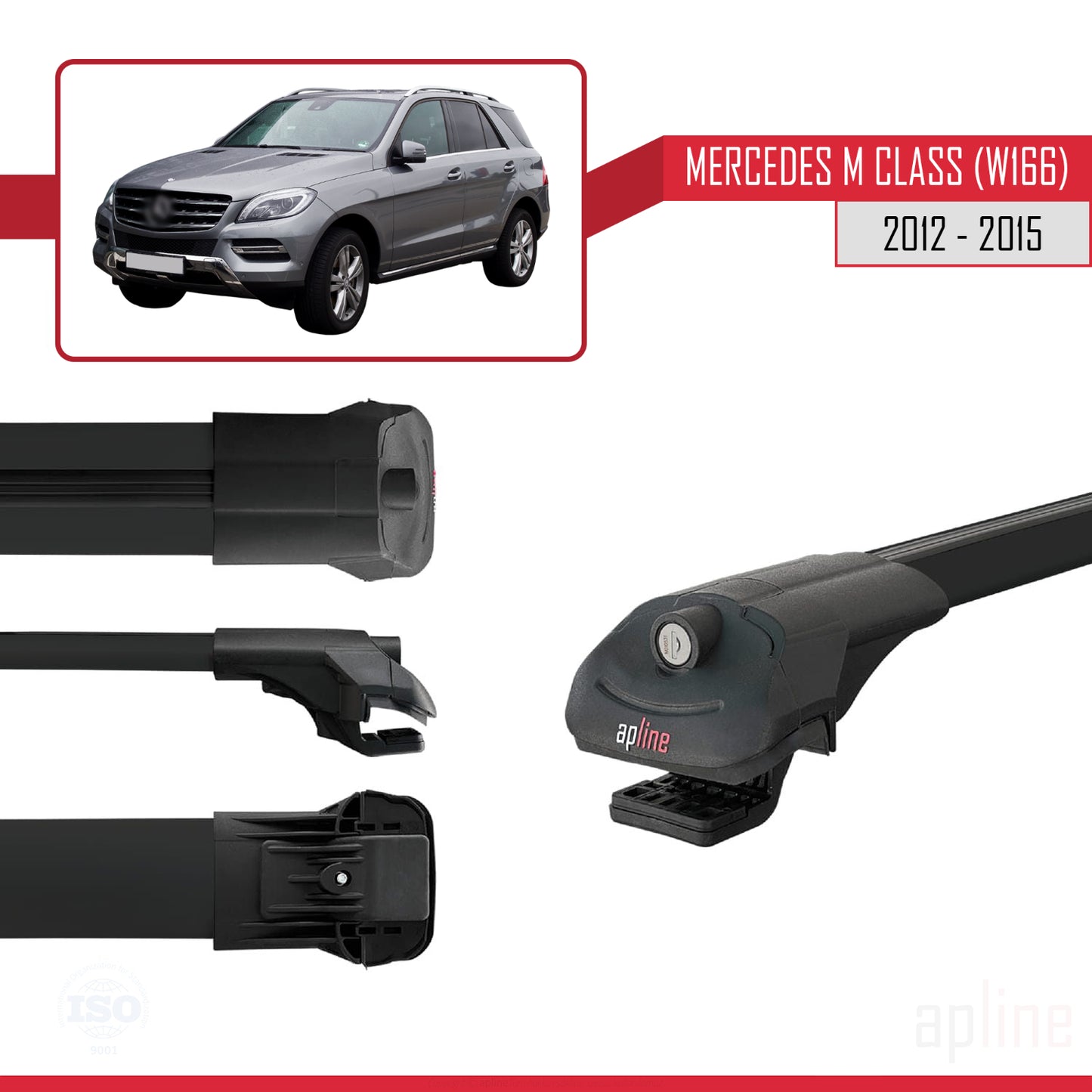 Compatible with Mercedes M Class 3 (W166) Pre-Facelift 2012-2015 ACE-1 Car Roof Rack Cross Bar Black Aluminium 2 Bars