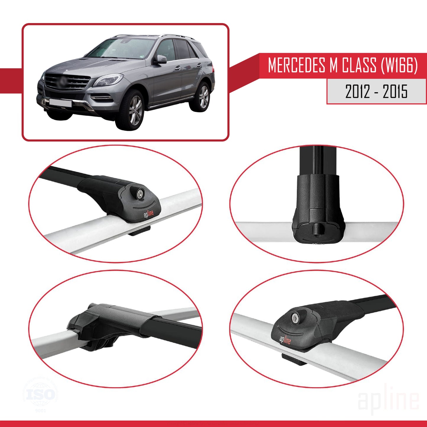 Compatible with Mercedes M Class 3 (W166) Pre-Facelift 2012-2015 ACE-1 Car Roof Rack Cross Bar Black Aluminium 2 Bars