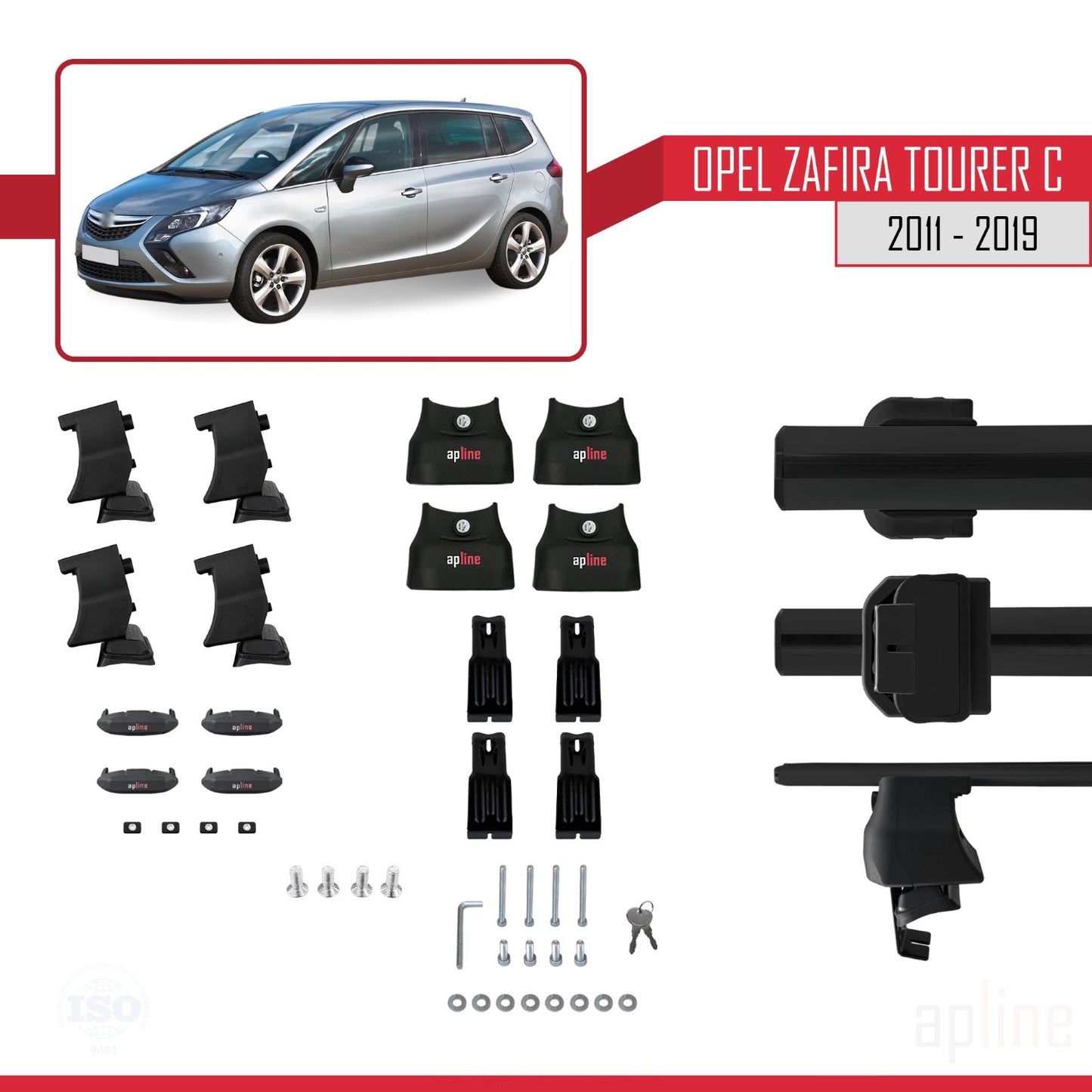 Compatible avec Opel Zafira Tourer C 2011-2019 ACE-4 Barres de Toit Railing Porte-Bagages de Voiture Noir Aluminium 2 Barres